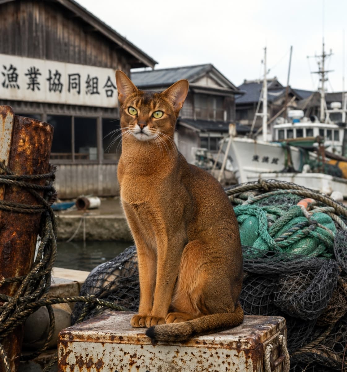 「潮風を感じる凛とした表情が、最高にクールでかっこいいんです🌊✨ #漁港 #猫」Ultra-realistic high-quality photograph of an Abyssinian cat sitting on a rusty box at a Japanese fishing port. Fishing boats and traditional wooden buildings create a nostalgic atmosphere. 漁港の錆びた箱の上に座るアビシニアン。背景には漁船と古い木造の漁業協同組合の建物が見える、リアリティ溢れる日常の風景