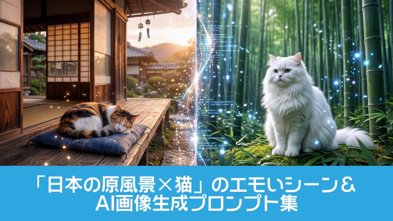 「ノスタルジックな縁側の世界と、神秘的な竹林の世界🐈✨ 2つの景色を繋ぐデジタルの光は、まるでAIアートの魔法みたい🪄💻 あなたはどちらの世界で猫ちゃんと過ごしたいですか？🍵🌿 #AIアート #メタバース #三毛猫 #白猫 #ファンタジーの世界」Ultra-realistic high-quality split-screen photograph representing AI art generation. The left side features a cute calico cat sleeping on a cushion on the wooden porch of a traditional Japanese house in warm sunset light. The right side shows an elegant fluffy white Persian cat sitting in a lush green bamboo forest. The two worlds are separated by glowing magical particles and digital code. 画面中央の光るデジタルコードやパーティクルを境界線にした、2つの異なる世界を描くスプリットスクリーン画像。左側は夕暮れの暖かい光に包まれた伝統的な古民家の縁側で、座布団の上で眠る三毛猫。右側は神秘的な緑の竹林の中で佇む長毛の白猫（ペルシャ猫）。AIによる画像生成を表現した、映画のような高画質で幻想的な横長写真