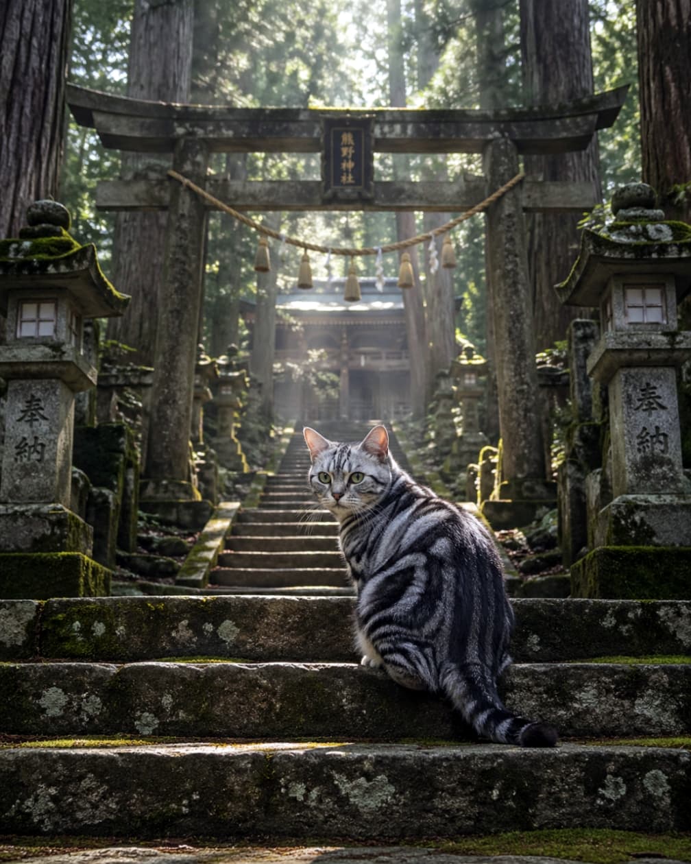 「神社の守り神かな？⛩️木漏れ日を浴びながら石段で振り返る姿は、どこか神聖な空気を感じます✨🐾」Ultra-realistic high-quality photograph of an American Shorthair cat sitting on mossy stone steps, looking back. A majestic shrine gate (Torii) and cedars with sunlight filtering through the trees create a sacred atmosphere. 苔むした古い石段に座り、振り返ってこちらを見るアメリカンショートヘア。背景には木漏れ日が差し込む荘厳な神社の鳥居と社殿、周囲を囲む高い杉の木が広がり、厳かな雰囲気を纏った高品質な写真