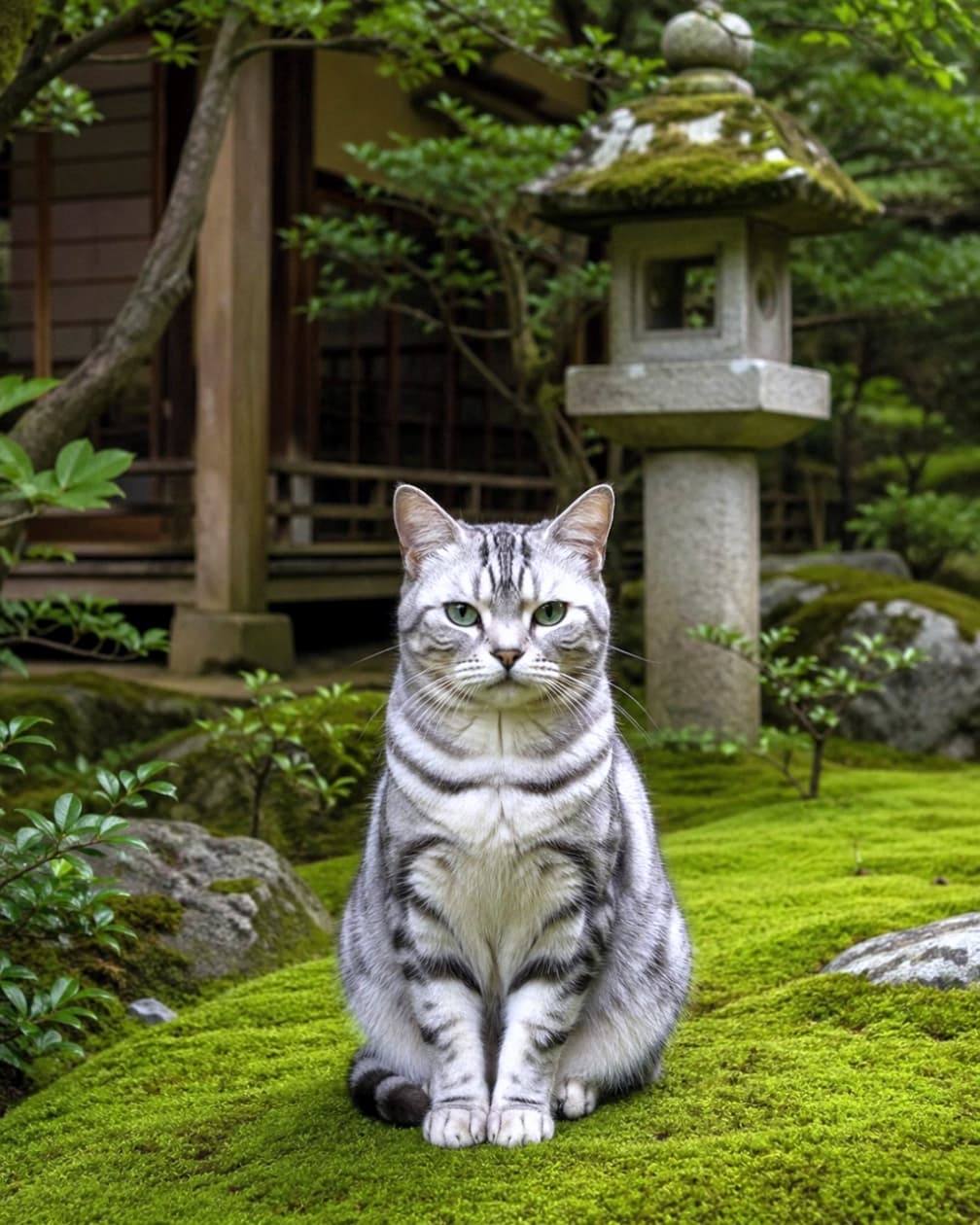 「静寂に包まれた緑の庭園で一休み🌿石灯籠と猫ちゃんのシンメトリーな美しさに、心が洗われます✨🍵」Ultra-realistic high-quality photograph of an American Shorthair cat sitting centrally in a lush Zen garden covered in green moss. A stone lantern and traditional Japanese architecture in the background enhance the serene and peaceful atmosphere. 美しい苔に覆われた日本庭園の中央で、正面を向いて座るアメリカンショートヘア。背景には石灯籠と伝統的な和風建築が配置され、緑豊かな静寂と禅の精神を感じさせる、構図の整った高品質な写真
