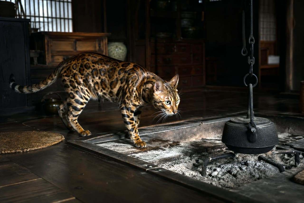 「時代劇のワンシーンみたい！囲炉裏のそばで獲物を狙うワイルドな姿にドキドキしちゃう…🐈‍⬛🔥 #猫 #ベンガル」Ultra-realistic high-quality photograph of a Bengal cat walking by a traditional Japanese hearth (irori) in a dimly lit old minka house. The cat's wild spotted fur contrasts beautifully with the rustic iron kettle. 古民家の暗がりの中、囲炉裏（いろり）のそばを歩くベンガル猫。鉄瓶が吊るされた情緒ある背景と、猫の野性的な斑点模様が美しく調和した高品質な写真