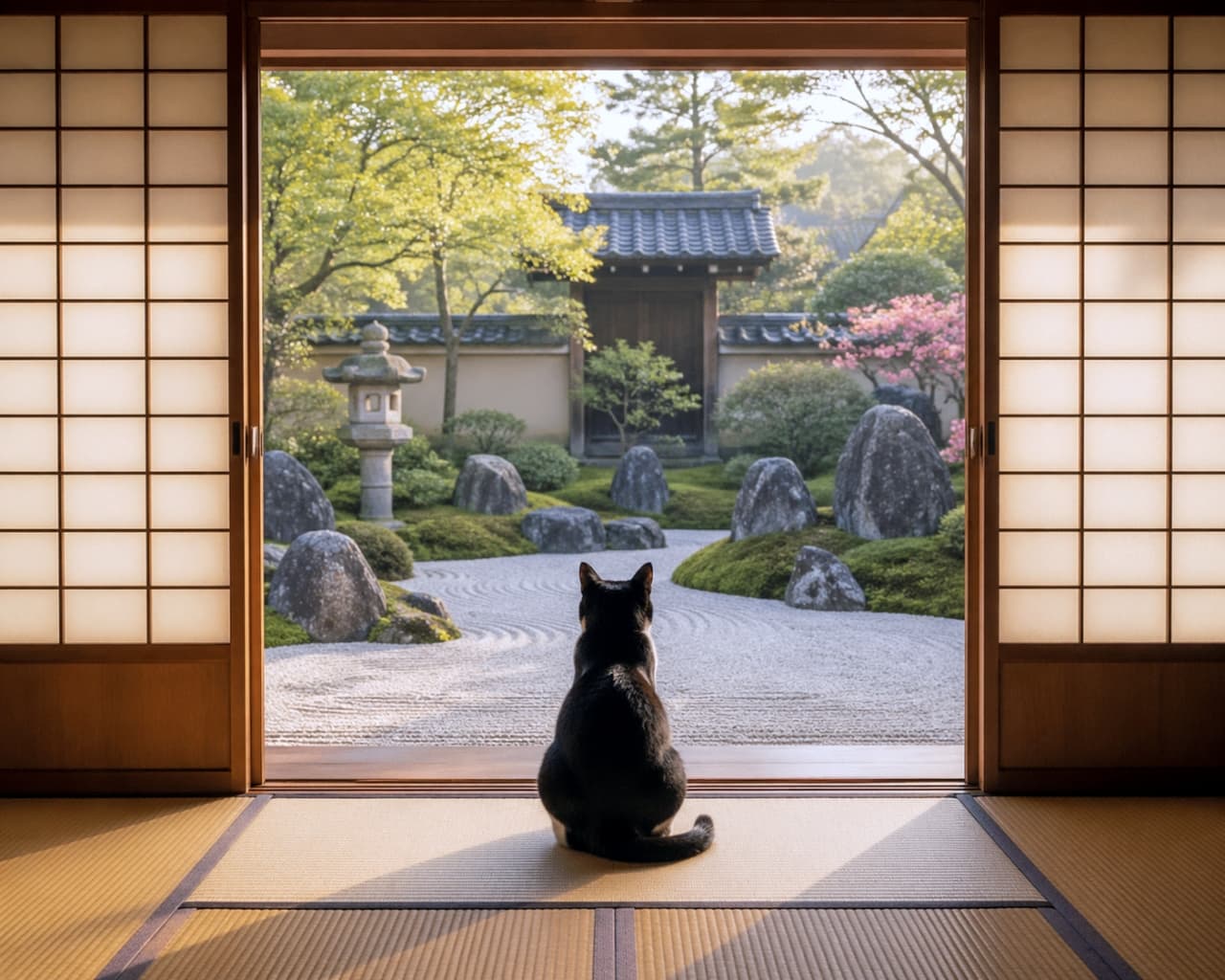 「風情たっぷり🍁 枯山水のお庭を特等席で楽しむ猫ちゃんの静かな午後🍵✨ #日本庭園 #和モダン」Ultra-realistic high-quality photograph from behind of a black and white cat sitting on an engawa, looking out at a traditional Japanese karesansui (rock) garden through open shoji sliding doors. 開け放たれた障子戸の向こうに広がる枯山水の日本庭園を、縁側に座って静かに眺める黒白猫の後ろ姿のリアルな高画質写真