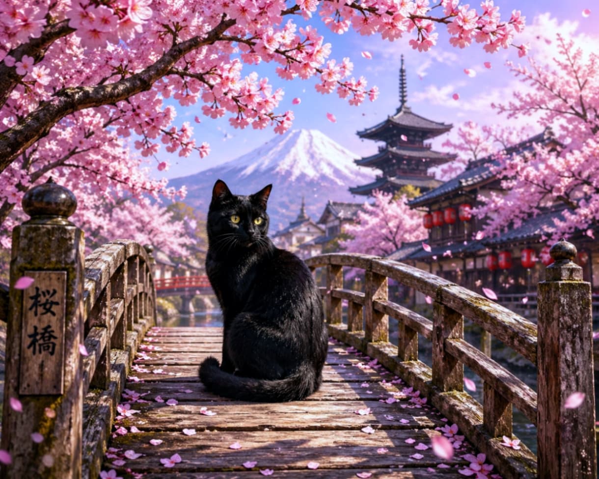 「春の絶景を独り占めする黒猫ちゃん🌸富士山と桜、そして凛とした立ち姿が絵になりすぎて感動です✨ #桜満開 #春の風景」Ultra-realistic high-quality photograph of a majestic black cat sitting on a traditional wooden bridge named "Sakura Bridge". The background features a breathtaking view of Mount Fuji, a five-story pagoda, and blooming cherry blossoms with falling petals in a cinematic spring light. 満開の桜が咲き誇る「桜橋」という名が刻まれた木造の橋の上で、凛々しく座る黒猫。背景には雪を冠した富士山、五重塔、そして伝統的な和風建築が広がり、桜の花びらが舞い散る幻想的で高画質な写真