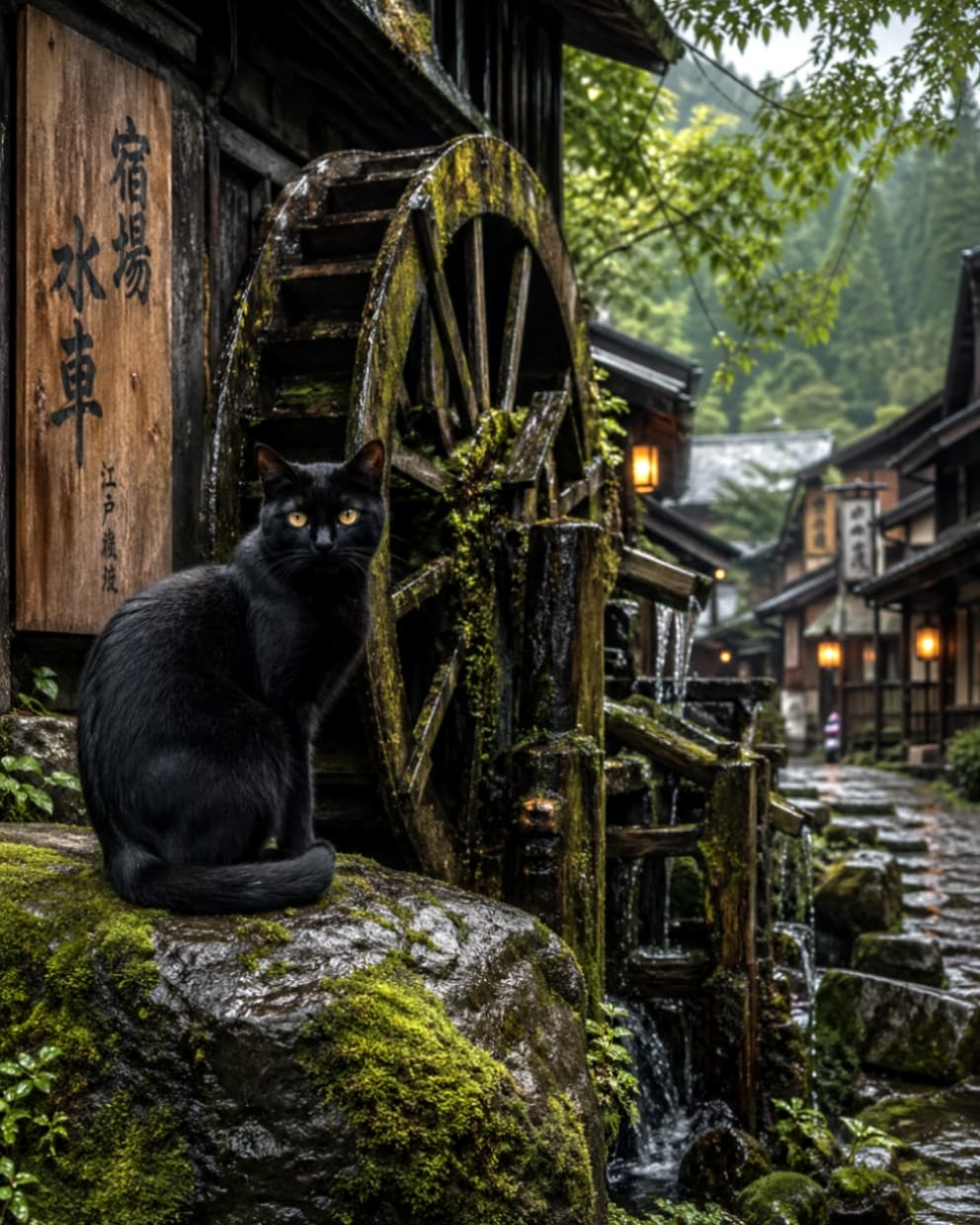 「歴史感じる水車の前でハイ、ポーズ📸✨苔の深いグリーンと黒猫ちゃんのコントラストがたまらないですよね🐾」Ultra-realistic high-quality photograph of a black cat sitting on a mossy rock. In the background, there is an old wooden watermill and a sign for a post town, depicting a moist, traditional Japanese village scene. 苔生した大きな岩の上に座る黒猫。背景には木製の古い水車と「宿場 水車」と書かれた看板があり、雨上がりのようなしっとりとした和風の村の風景が広がっている