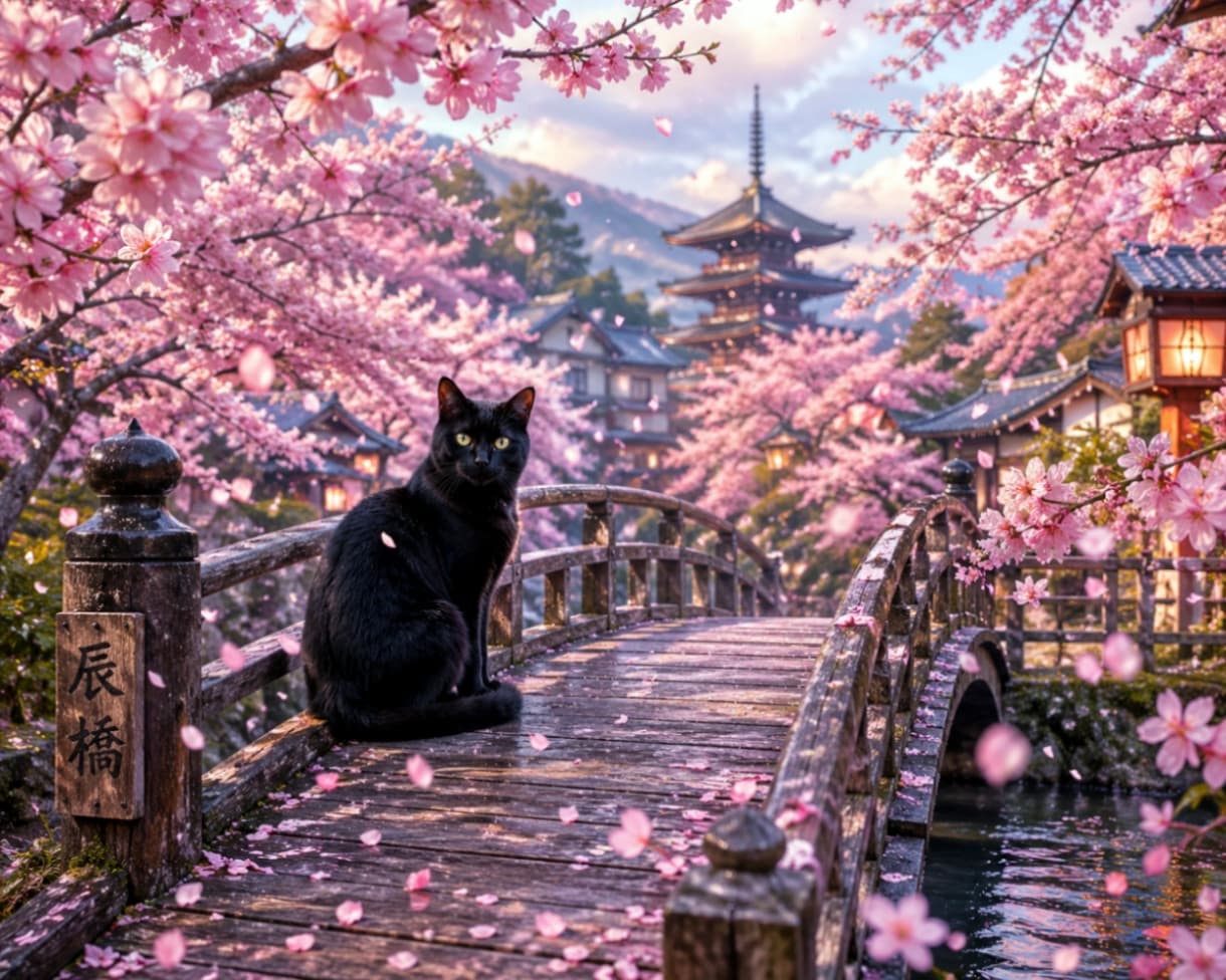 「春爛漫🌸 舞い散る桜の花びらと和の絶景を独り占めする黒猫ちゃん🐈‍⬛🍡 #桜満開 #春の風景」Ultra-realistic high-quality photograph of a black cat sitting on a wooden bridge amidst blooming cherry blossoms and falling petals, with traditional Japanese architecture and a pagoda in the background. 満開の桜が咲き誇り花びらが舞い散る中、木造の太鼓橋の上に座る黒猫のリアルな高画質写真。背景には日本の伝統的建築と五重塔がそびえる