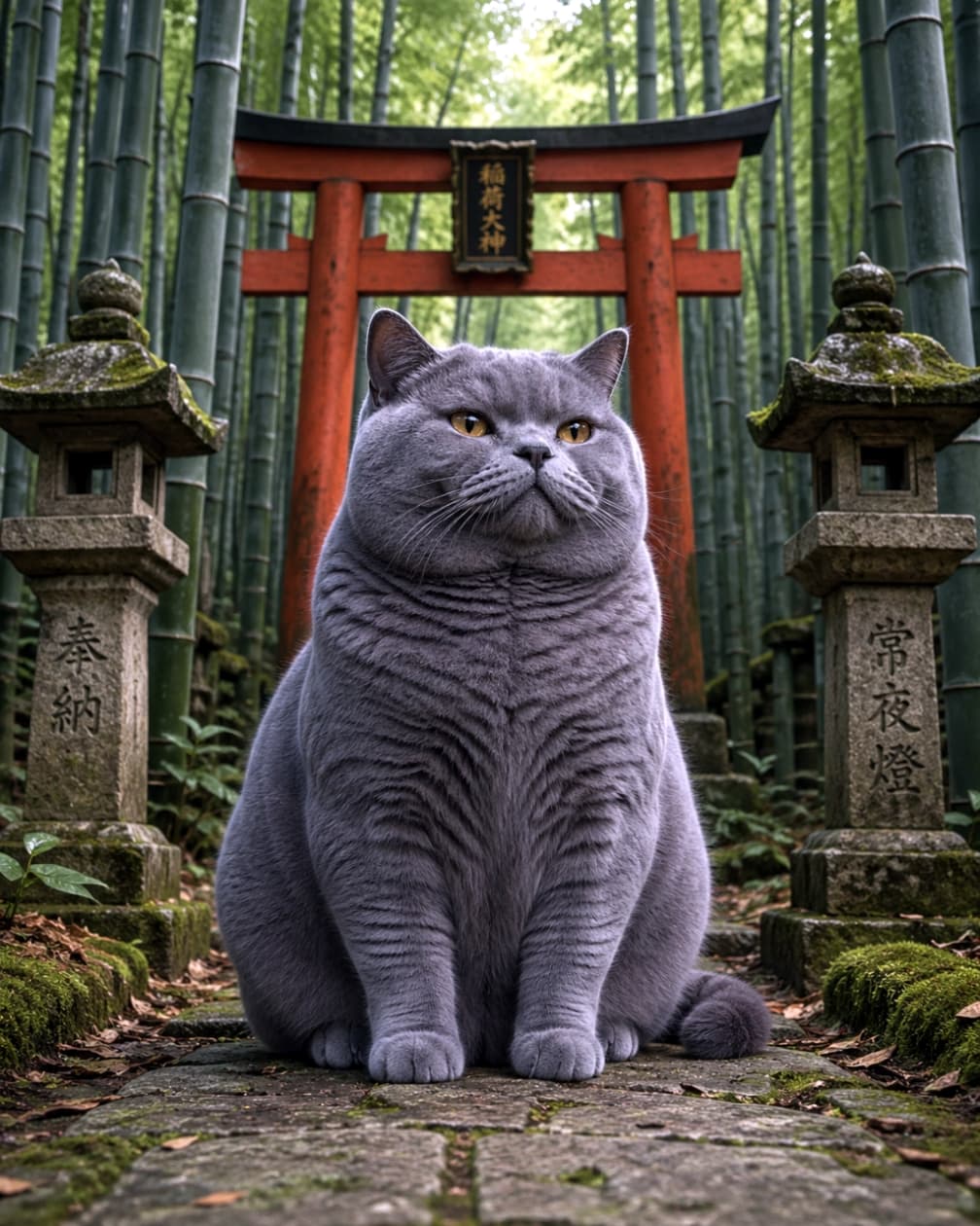 「この存在感、もはや神の使い…！？竹林に佇むまんまるフォルムに癒やされちゃうこと間違いなし🎋✨ #猫様」Ultra-realistic high-quality photograph of a stout British Shorthair cat sitting between mossy stone lanterns in a bamboo forest shrine, featuring a red torii gate in the background. 竹林の中にある神社の参道で、石灯籠の間に座るグレーのブリティッシュショートヘア。背景には赤い鳥居があり、静寂で神聖な空気感が漂う縦構図の写真