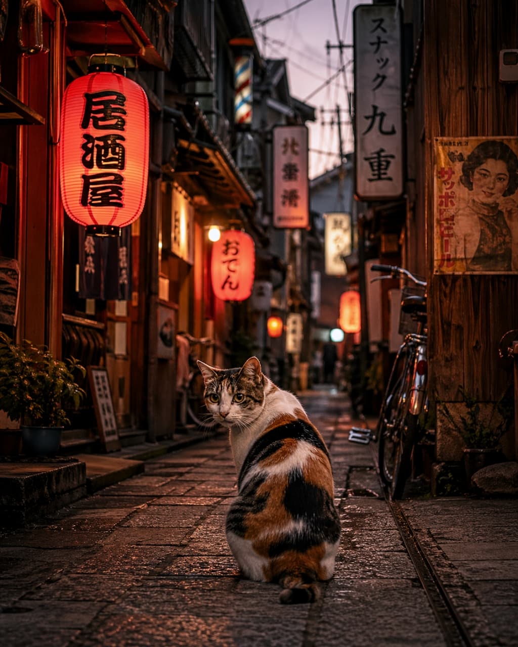「赤提灯の灯るノスタルジックな路地裏🏮 ふいに振り返る三毛猫ちゃんにドキッとしちゃう🐈💖 #昭和レトロ #路地裏の猫」Ultra-realistic high-quality photograph of a calico cat looking back on a cobblestone alleyway in a retro Japanese bar district illuminated by red lanterns at dusk. 赤提灯が灯る夕暮れ時のレトロな飲み屋街の石畳の路地で、こちらを振り返る三毛猫のリアルな高画質写真