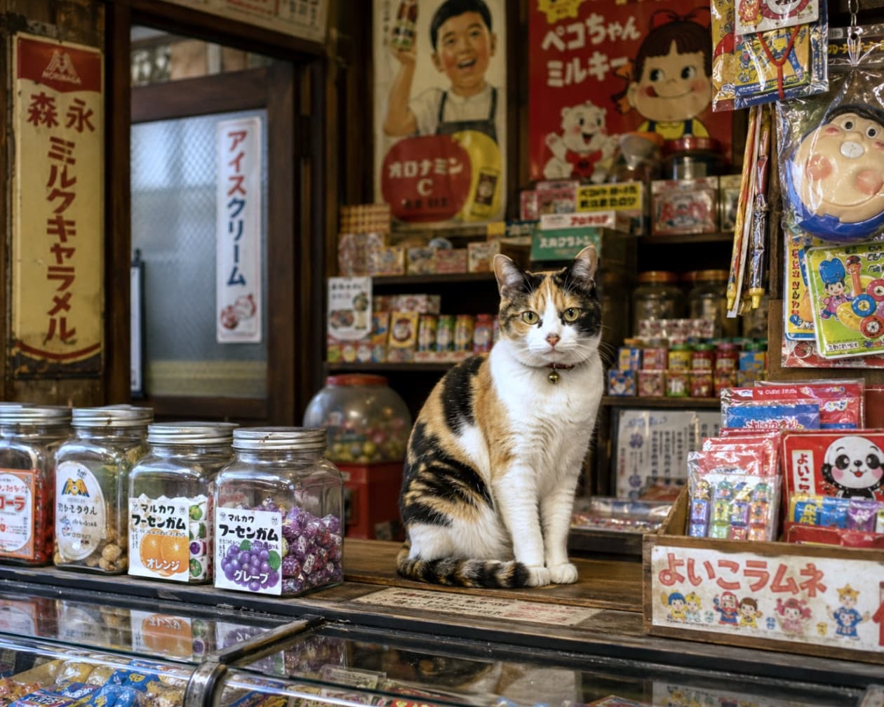 「「いらっしゃい、何にする？」駄菓子屋さんの看板猫ちゃんに会えるお店、通い詰めたい可愛さです🍭🐱」Ultra-realistic high-quality photograph of a calico cat sitting on the counter of a nostalgic Showa-era candy store. Surrounded by old-fashioned glass jars of candy and retro tin signs, the scene exudes a warm, vintage Japanese atmosphere. 昭和レトロな雰囲気の駄菓子屋のカウンターに座る三毛猫。周囲には「フーセンガム」などの瓶や懐かしい看板、おもちゃが並び、古き良き日本のノスタルジーが細部まで再現された、鮮明で温かみのある写真