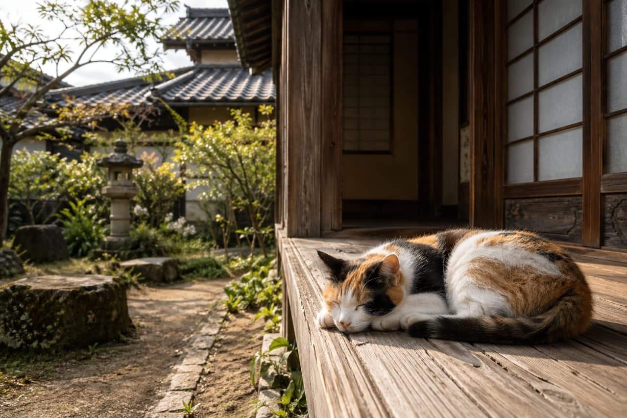 「ぽかぽかの縁側で夢の中…😴💤静かなお庭の空気感とすやすや眠る姿に、見ているだけで癒されちゃいます🌿」Ultra-realistic high-quality photograph of a calico cat sleeping peacefully on the wooden porch of a traditional Japanese house. The background shows a quiet Japanese garden with a stone lantern, bathed in soft afternoon sunlight. 伝統的な日本家屋の縁側で丸まって眠る三毛猫。背景には石灯籠のある静かな日本庭園が広がり、午後の柔らかな日差しが猫を優しく照らしている