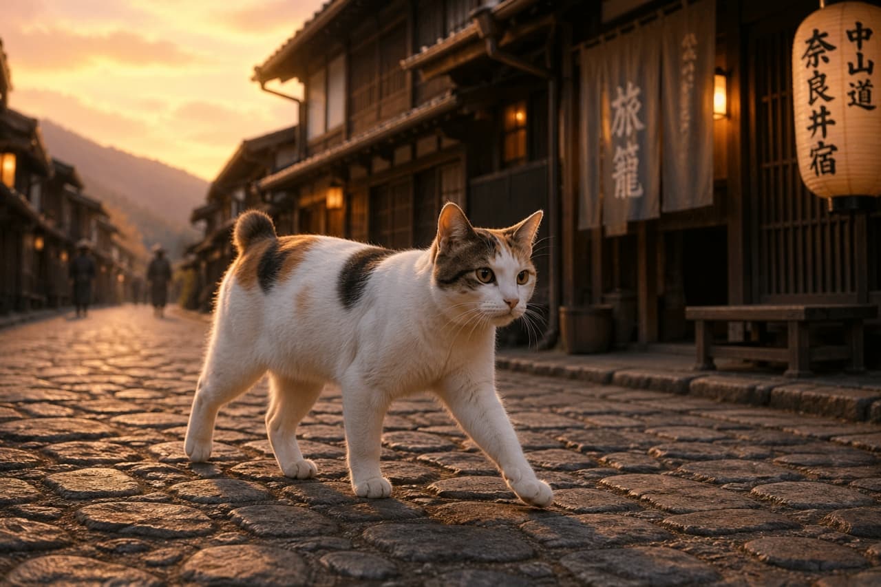 「夕陽を浴びてパトロール中の三毛猫パイセン🐈✨ 堂々とした歩きっぷりがかっこいい！🌇 #街並みと猫」Ultra-realistic high-quality photograph of a calico cat striding confidently on the stone pavement of Narai-juku post town during the golden hour, with historic buildings and lanterns softly blurred in the background. 黄金色の夕陽に照らされた奈良井宿の石畳を、凛とした表情で歩く三毛猫。背景には歴史ある町並みと提灯がボケて写っている高画質な写真
