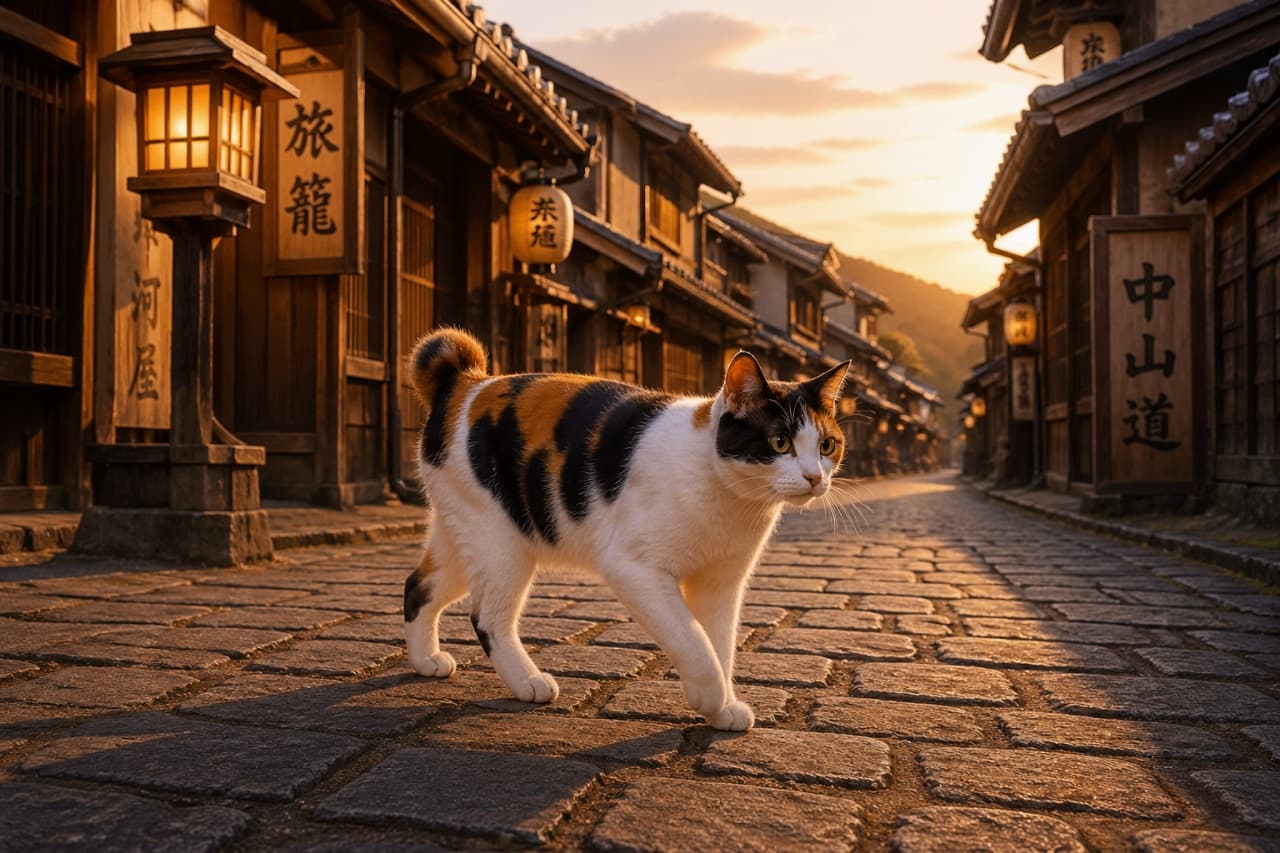 「夕暮れの宿場町をお散歩中🐾 石畳と提灯の灯りがエモい🐱✨ どこに向かっているのかな？ #猫のいる風景」Ultra-realistic high-quality photograph of a calico cat walking on a stone pavement in a historic Japanese post town at dusk, with traditional wooden houses and glowing lanterns in the background. 夕暮れ時の古い宿場町の石畳を歩く三毛猫。背景には木造の古い町屋や温かい光を放つ提灯が並び、ノスタルジックな雰囲気を漂わせている高画質な写真