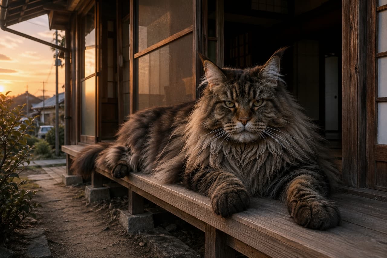 「夕日に照らされたモフモフのライオン！？縁側で過ごす贅沢な時間に、こっちまでうっとり🌅🦁 #夕暮れ #猫」Ultra-realistic high-quality photograph of a large Maine Coon cat lying on a wooden veranda (engawa) at sunset, with golden hour light catching its majestic fur. 夕暮れ時の縁側に寝そべる大きなメインクーン。オレンジ色の夕光が長い毛並みを照らし、背景には日本ののどかな集落の夕景が広がるドラマチックな写真