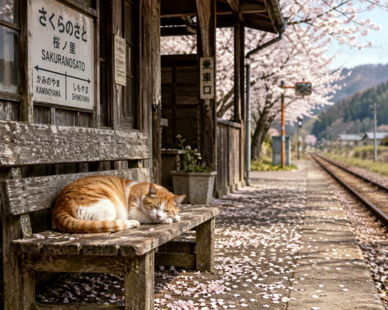 「ポカポカ春の陽気に誘われて、駅のベンチでスヤスヤ🌸💤 桜の花びらのベッドが最高だね🐈 #春爛漫」Ultra-realistic high-quality photograph of an orange and white cat sleeping peacefully on a weathered wooden bench at a local train station surrounded by full cherry blossoms and fallen petals. 満開の桜が咲くローカル線の駅のホームで、花びらが散った古い木製ベンチの上で気持ちよさそうに眠る茶白猫の高画質な写真