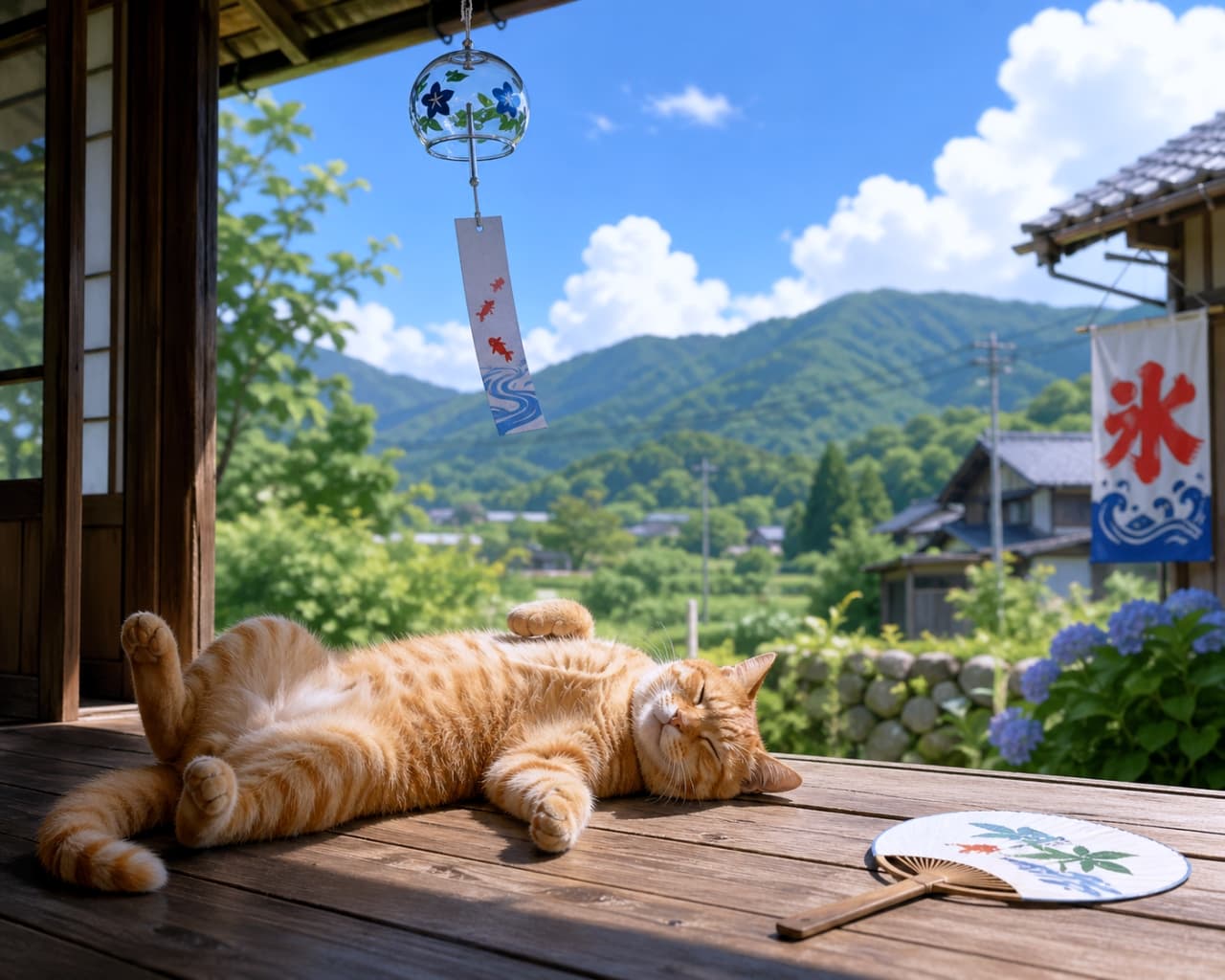 「縁側でごろん🐈💤 風鈴の音と夏のそよ風が心地よさそうな茶トラちゃん🍉 #夏休み #猫のいる暮らし」Ultra-realistic high-quality photograph of an orange tabby cat sleeping on its back on an engawa (traditional Japanese veranda) under a wind chime, with a summer landscape of mountains, blue sky, and a paper fan nearby. 青空と緑豊かな夏の山々を背景に、風鈴が下がる縁側で仰向けになりリラックスして眠る茶トラ猫のリアルな高画質写真。傍らには金魚柄のうちわが置かれている