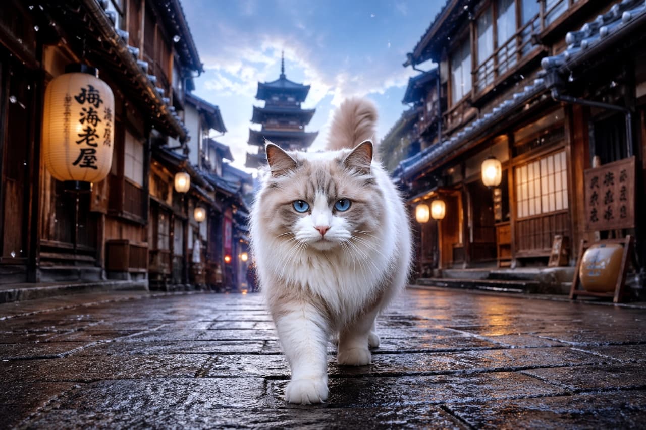 「タイムスリップしちゃった！？提灯の灯りに照らされたふわふわの足取りがとっても幻想的✨🐾 #江戸 #猫」Ultra-realistic high-quality photograph of a blue-eyed Ragdoll cat walking down an Edo-period Japanese street at dusk. Lantern lights reflect on wet cobblestones with a pagoda in the background. 雨上がりの江戸時代風の街並みを、カメラに向かって歩いてくる青い瞳のラグドール。濡れた石畳に提灯の光が反射し、背景には五重塔が見える幻想的な構図