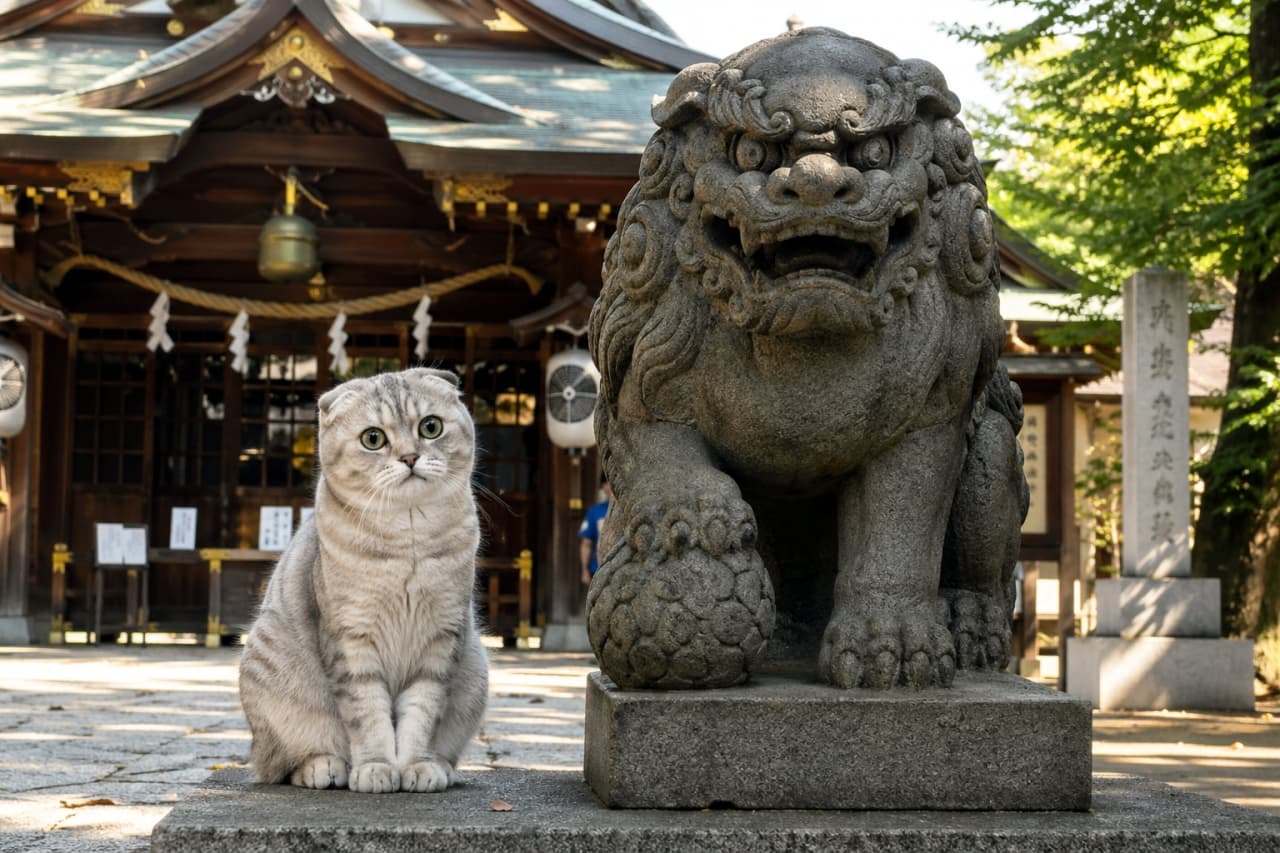 「狛犬さまとツーショット📸「僕も立派な守護神になれるかな？」って顔が可愛すぎて罪…！💓 #神社 #猫」Ultra-realistic high-quality photograph of a Scottish Fold cat sitting next to a fierce stone Komainu (guardian lion) statue at a Japanese shrine entrance. 神社の境内で、大きな石造りの狛犬の隣にちょこんと座るスコティッシュフォールド。垂れ耳の愛らしい表情と、迫力ある狛犬の対比が印象的な構図