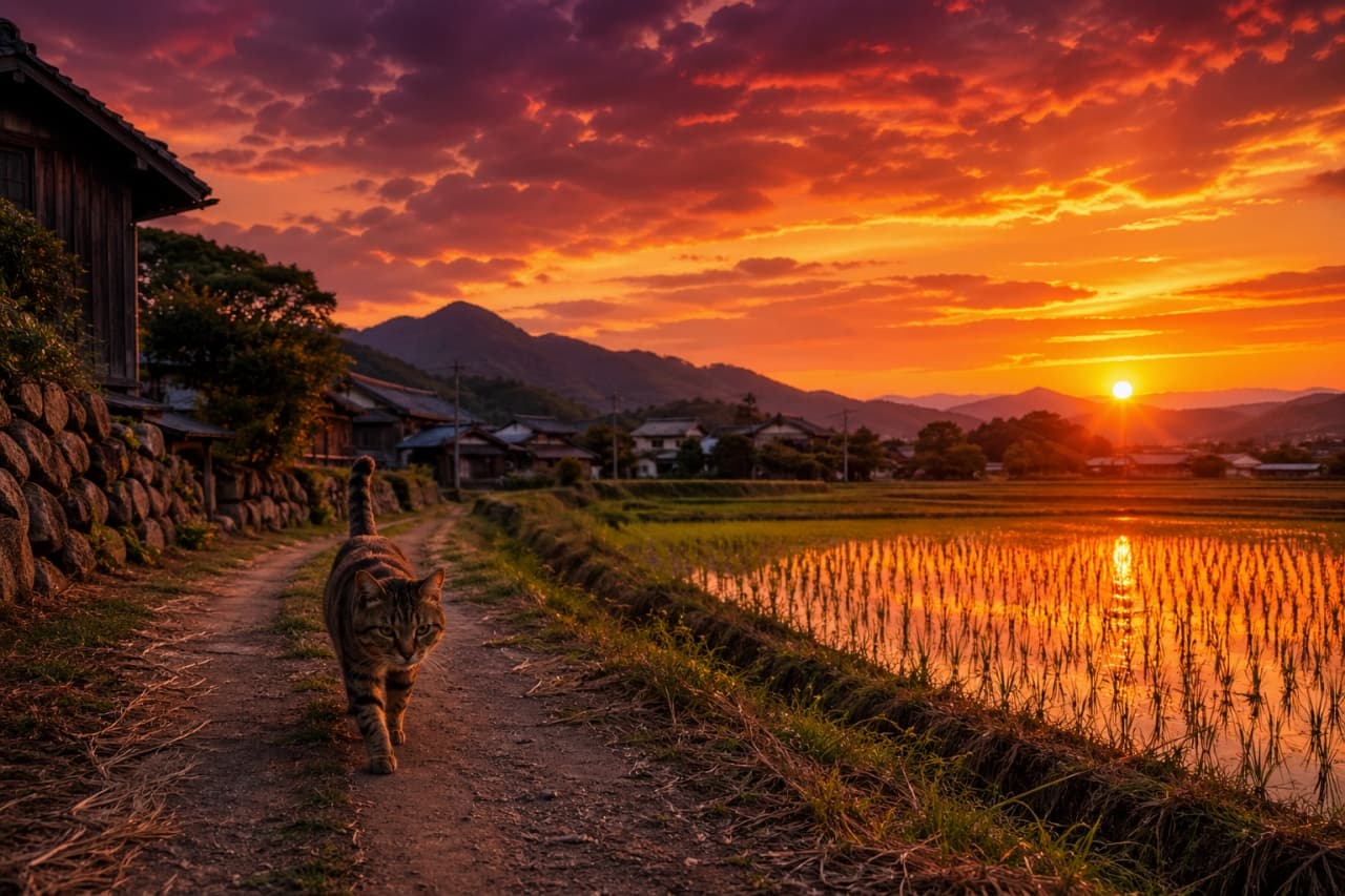 「夕焼けに染まる田舎道をお散歩中🐾黄金色の水田と猫ちゃんの組み合わせ、ノスタルジーが止まりません🌾🌇」Ultra-realistic high-quality photograph of a tabby cat walking towards the camera on a rural path during a fiery sunset. The setting sun reflects on the flooded rice fields, illuminating the mountains and old houses in a warm, golden glow. 燃えるような鮮やかな夕焼け空の下、水田が広がる田舎道をこちらに向かって歩いてくるキジトラ猫。夕陽が水面に反射し、周囲の山々や古い民家を黄金色に照らし出す、ノスタルジックで緻密な風景写真