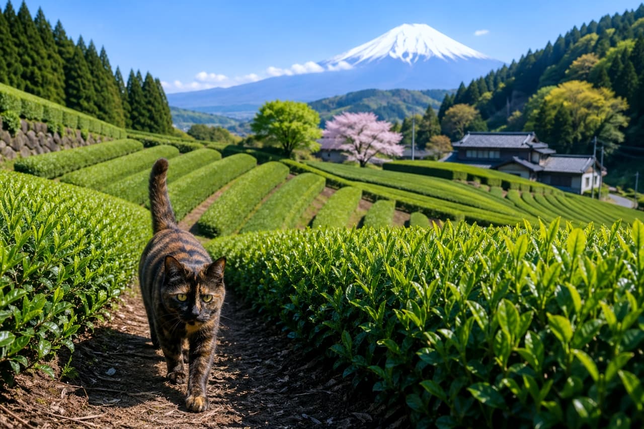 「富士山と茶畑の絶景を独り占めニャ！🍵🗻 さわやかな春の空気をおすそ分け🐈✨ #絶景と猫」Ultra-realistic high-quality photograph of a tortoiseshell cat walking through a lush green tea plantation, with majestic Mount Fuji, a cherry blossom tree, and a traditional house in the background. 鮮やかな緑色の茶畑の畝の間を歩くサビ猫。背景には雪化粧をした雄大な富士山と、春の訪れを告げる桜や古民家が見える高画質な写真