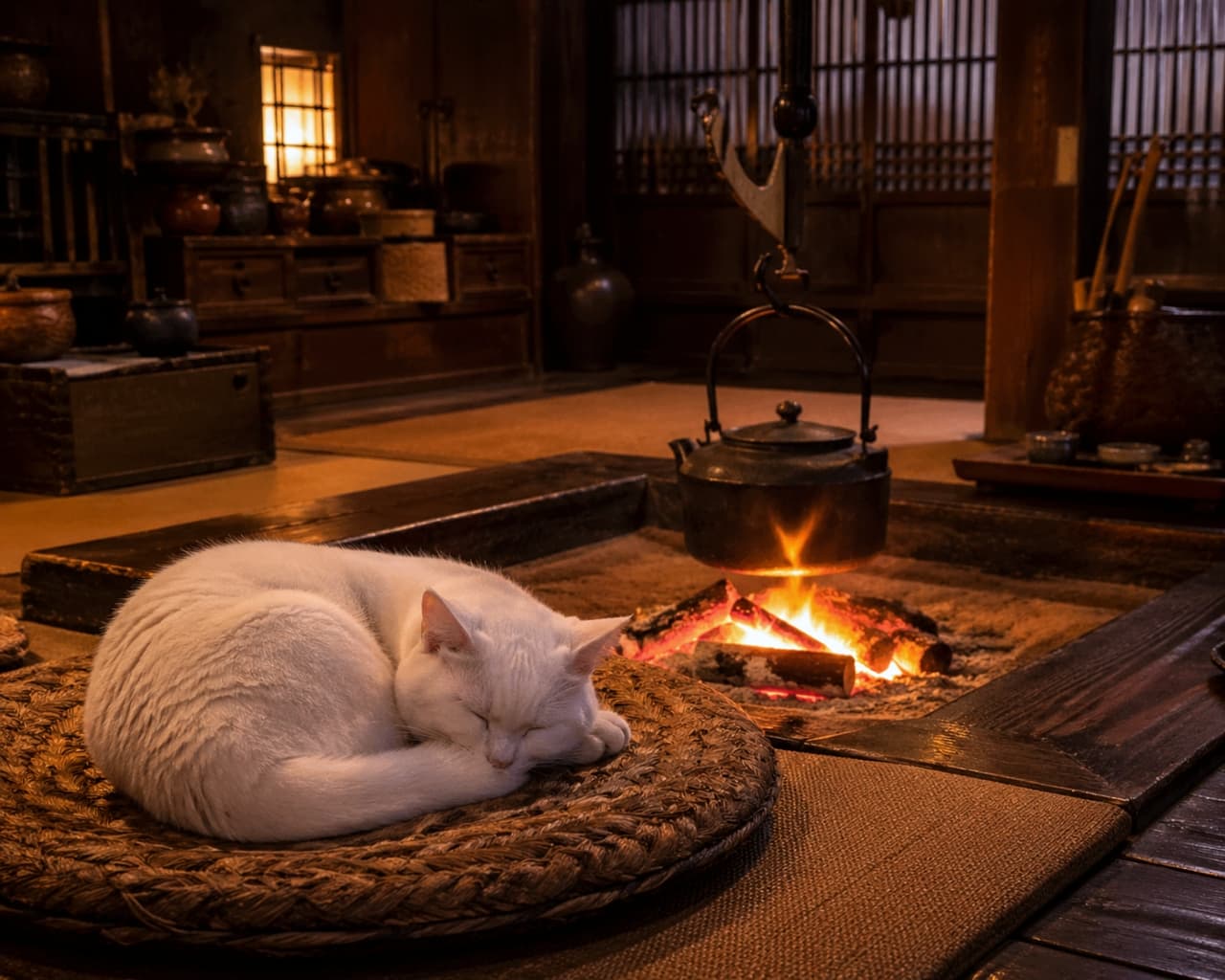 「パチパチ燃える囲炉裏の横で、特等席を陣取る白猫ちゃん🐈💤 ぽかぽか幸せそうだね〜🔥 #古民家猫」Ultra-realistic high-quality photograph of a white cat curled up asleep on a round woven cushion near a traditional Japanese irori hearth with burning wood and an iron kettle. 古民家の囲炉裏のそばで、円形の座布団の上で丸まって眠る白猫。燃える薪の炎と鉄瓶が温かい雰囲気を演出している高画質な写真
