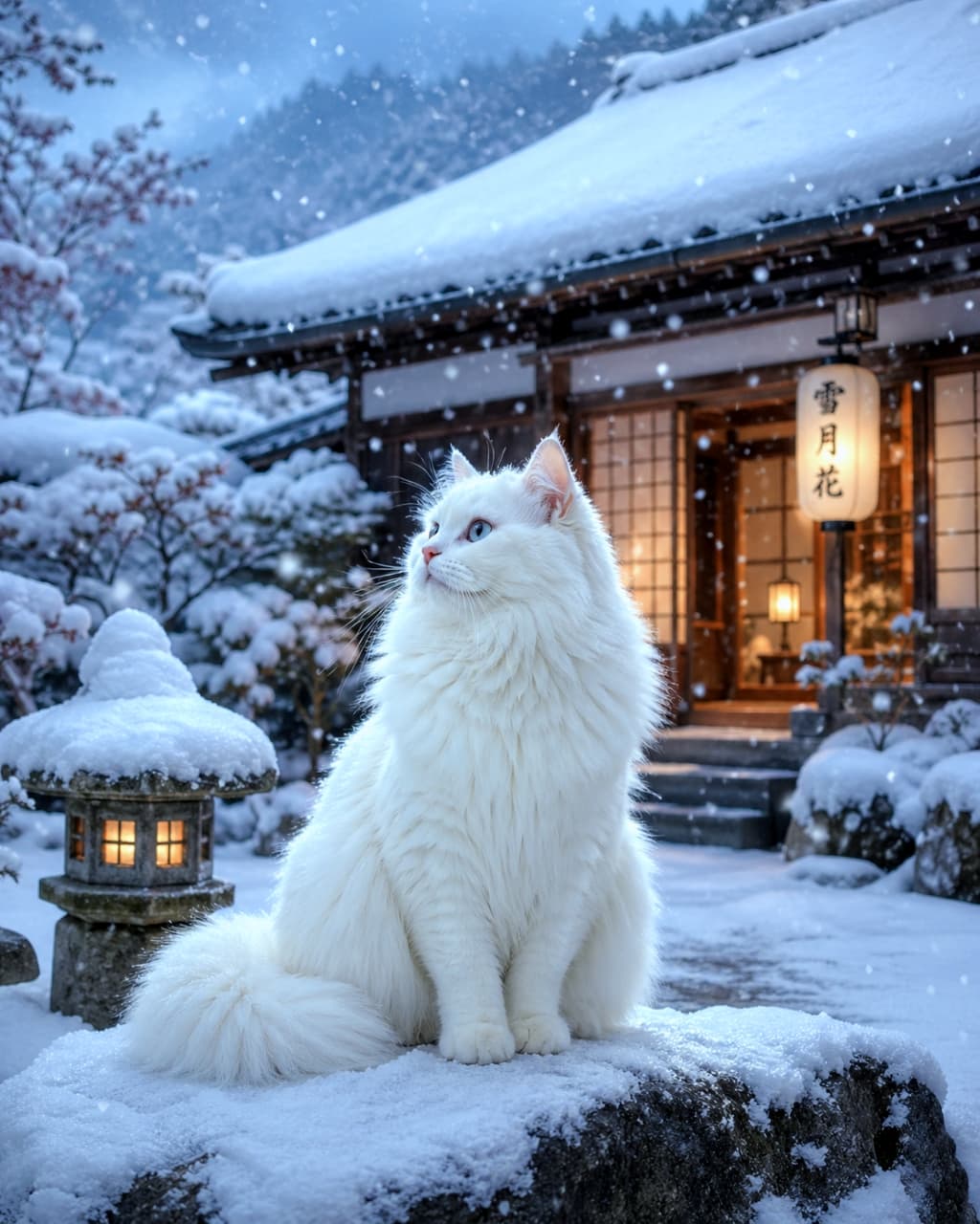 「真っ白な雪景色に舞い降りた天使？👼❄️ ふわふわ白猫ちゃんと和の風情に癒される冬のひととき⛄️💙 #雪景色 #白猫」Ultra-realistic high-quality photograph of a beautiful long-haired white cat sitting on a snow-covered rock in a traditional Japanese garden during a snowfall, with illuminated stone lanterns and paper lanterns in the background. 雪が降りしきる日本の伝統的な家屋の庭で、雪が積もった石の上に座る美しい長毛の白猫のリアルな高画質写真。背景には雪化粧した灯籠や提灯の明かりが見える