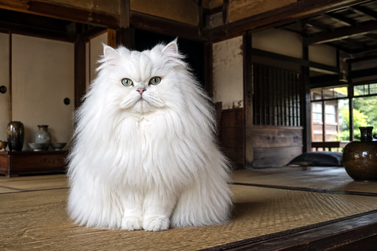 「畳の上で際立つ真っ白な毛並み✨和モダンな空間に溶け込む優雅な姿に、思わず見惚れちゃう…🍵❄️ #猫」Ultra-realistic high-quality photograph of a majestic pure white Persian cat sitting on tatami mats in a quiet, traditional Japanese room with shoji screens. 静かな伝統的日本家屋の畳の上で、正面を向いて座る真っ白で長い毛並みのペルシャ猫。背景には障子や古びた木造の柱があり、上品で落ち着いた雰囲気