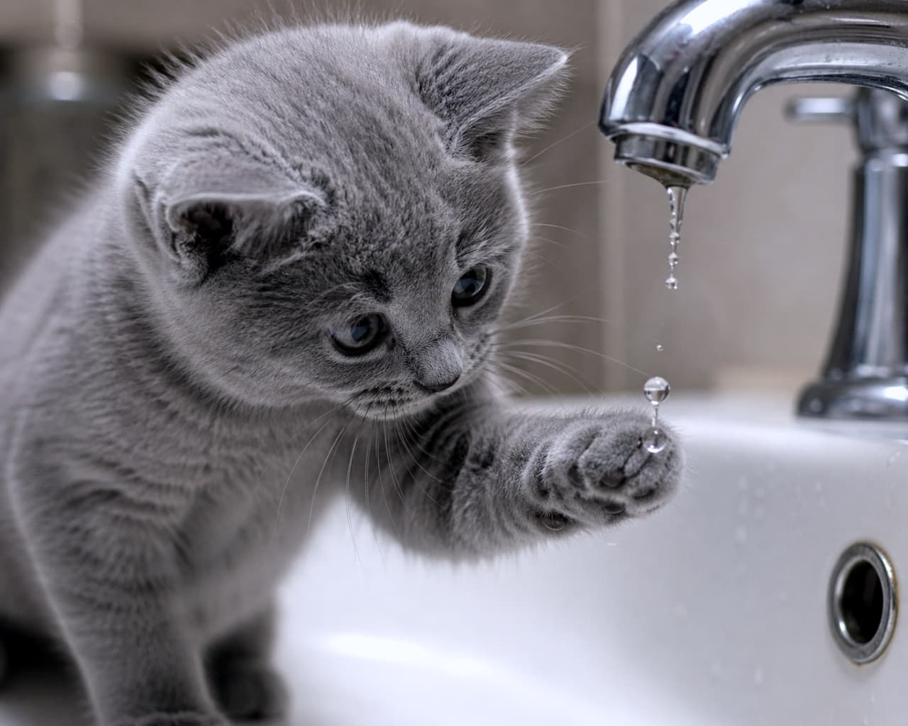 「ポチョン💧落ちてくるお水、捕まえられるかな？真剣な眼差しがたまらない可愛さです🥺💕」Ultra-realistic high-quality photograph of a grey British Shorthair kitten sitting in a sink, reaching out with its paw to playfully touch a water drop falling from a faucet. 洗面台の蛇口からポタリと落ちる水滴に対して、真剣な表情で前足を伸ばして触ろうとしているグレーのブリティッシュショートヘア子猫の超高画質リアル写真