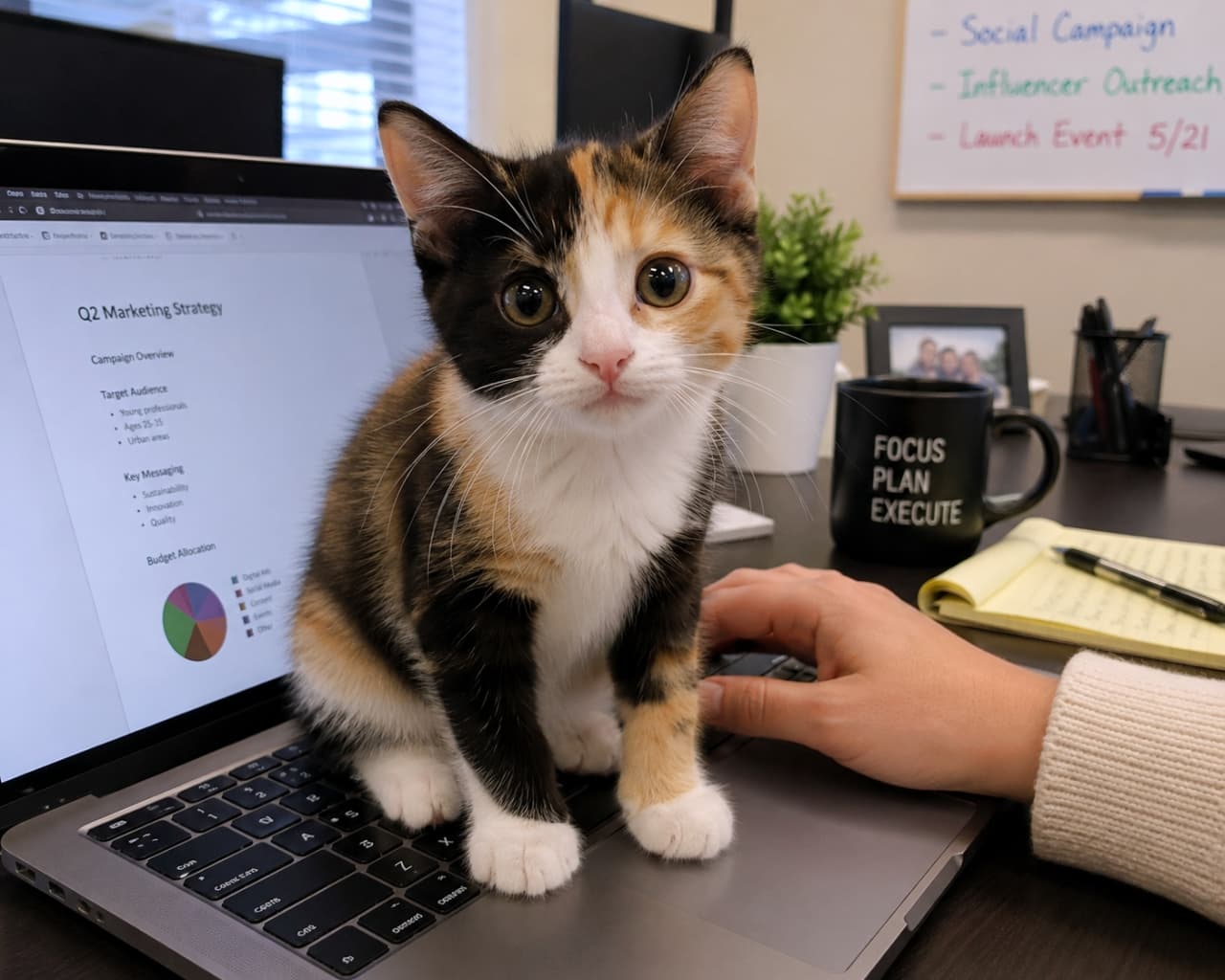 「今日から私が新人アシスタントにゃ！🐈‍⬛💻 お仕事の邪魔…じゃなくてお手伝い中ですよ〜✨ #テレワーク #猫社員 #お邪魔猫」Ultra-realistic high-quality photograph of a calico kitten sitting on the keyboard of a laptop on an office desk. A marketing strategy presentation is visible on the screen. オフィスのデスクで、作業中のラップトップのキーボードの上に座り込んでいる三毛猫の子猫の超リアルで高品質な写真。画面にはマーケティング戦略の資料が映っている