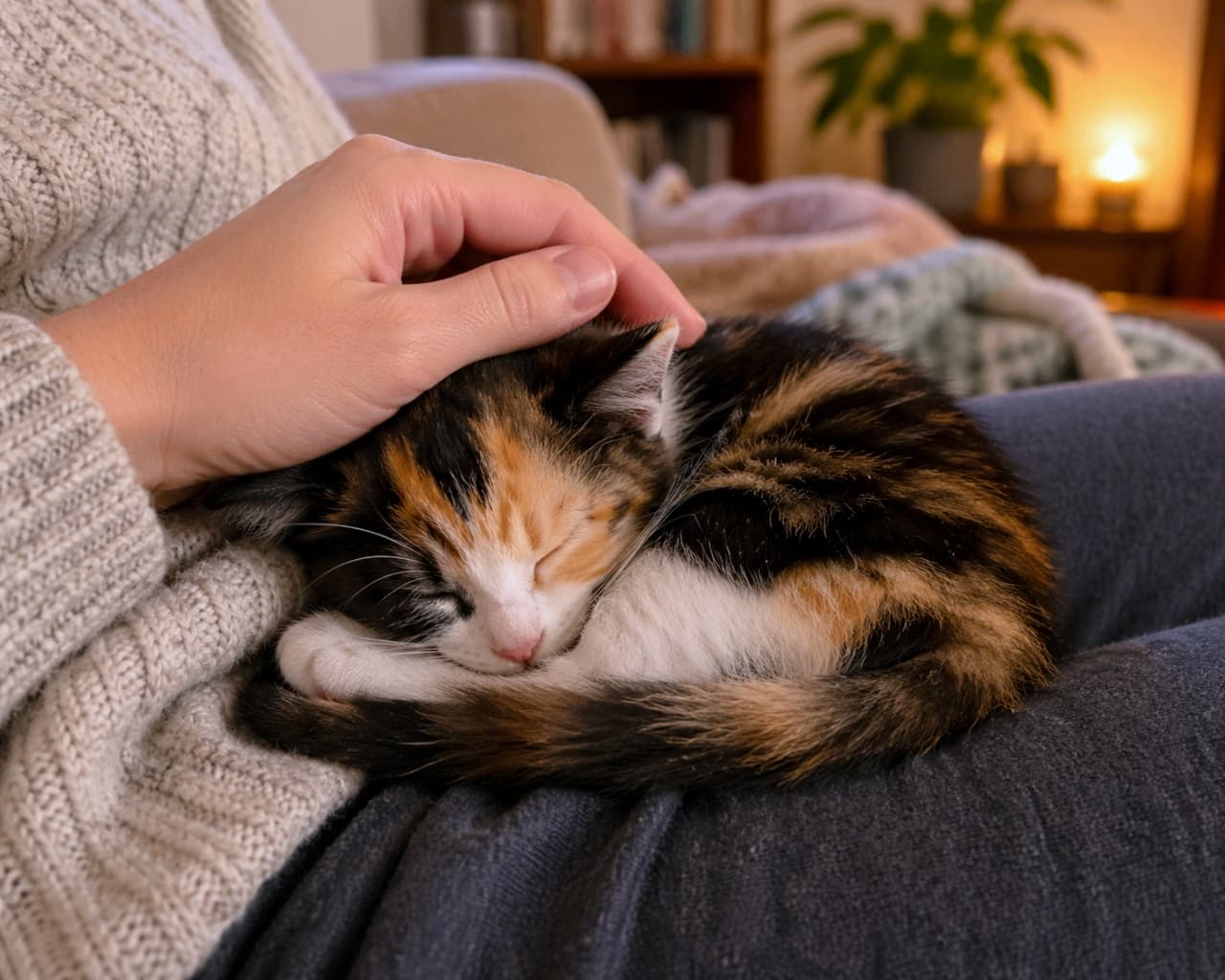 「飼い主さんの手と膝の上は、世界で一番安心できる場所🌸ずっと撫でていたくなりますね🐈✨」Ultra-realistic high-quality photograph of a calico kitten sleeping curled up on a person's lap, with a hand gently resting on its back. The blurred warm lighting in the background emphasizes a relaxing mood. 温かい部屋の中で、飼い主の膝の上で丸まって眠る三毛猫の子猫と、その背中に優しく添えられた人間の手を捉えた超高画質写真。背景のぼけた暖色の明かりがリラックス感を強調している