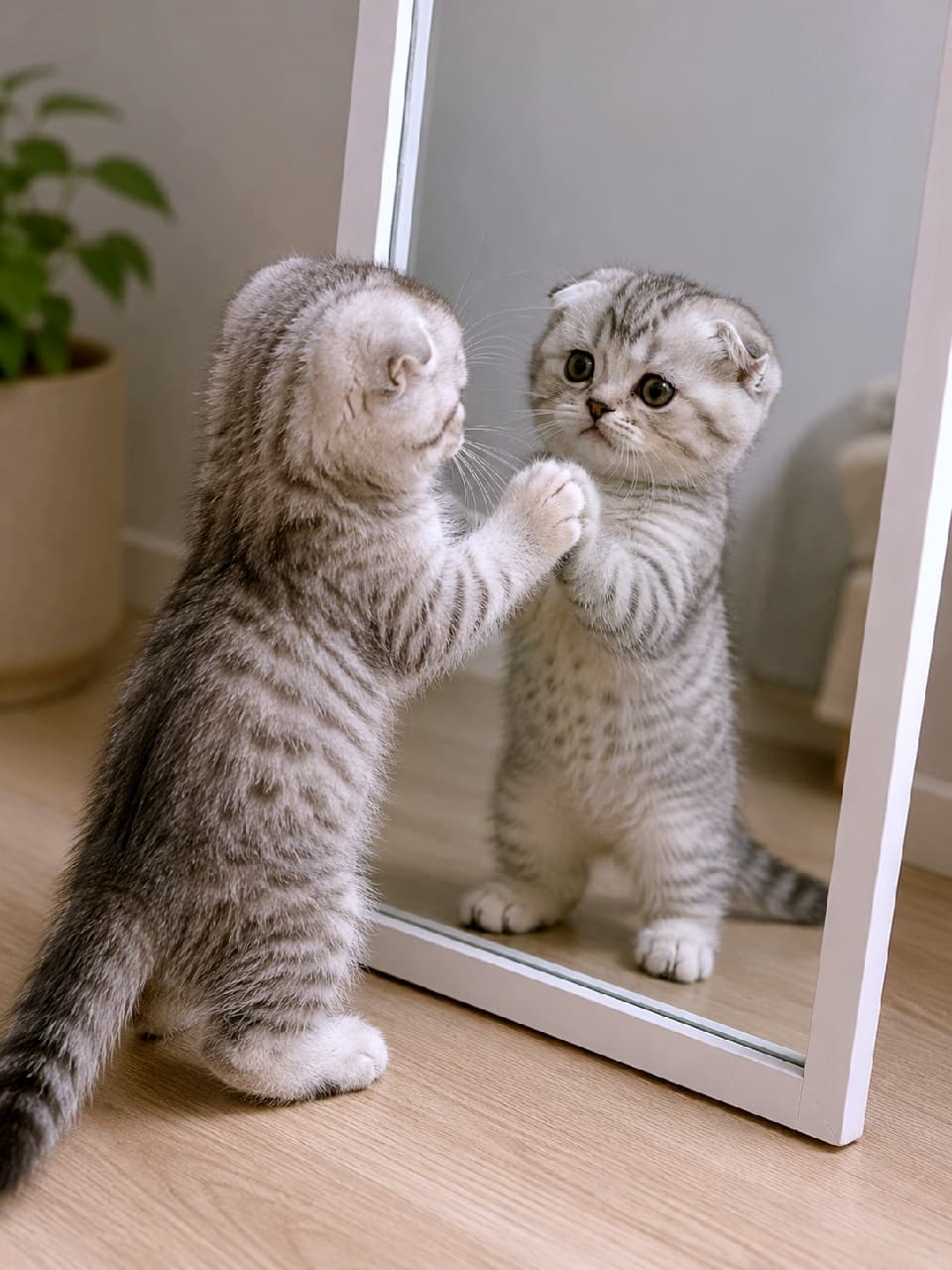 「「えっ、君はだれニャ…？」🪞🐾 鏡の中の自分にそっとタッチする折れ耳スコちゃんが可愛すぎる🥺💕 #スコティッシュフォールド #子猫 #猫のいる暮らし」Ultra-realistic high-quality photograph of a curious silver tabby Scottish Fold kitten standing on its hind legs, gently touching its own reflection in a white-framed full-length mirror. The kitten's characteristic folded ears, large bewildered eyes, and soft striped fur texture are captured in extreme detail against a clean, bright room with wooden flooring and a potted plant in the background. 白い枠の全身鏡の前に立ち上がり、鏡に映る自分の姿に前足を当てて不思議そうに見つめる、シルバータビー（サバトラ柄）のスコティッシュフォールドの子猫。特徴的なペタンとした折れ耳と、まん丸で少し戸惑ったような大きな瞳、柔らかく短い被毛の縞模様が緻密に描写されています。背景にはナチュラルな木目のフローリングと観葉植物が配置され、明るく清潔感のある室内空間を温かく表現