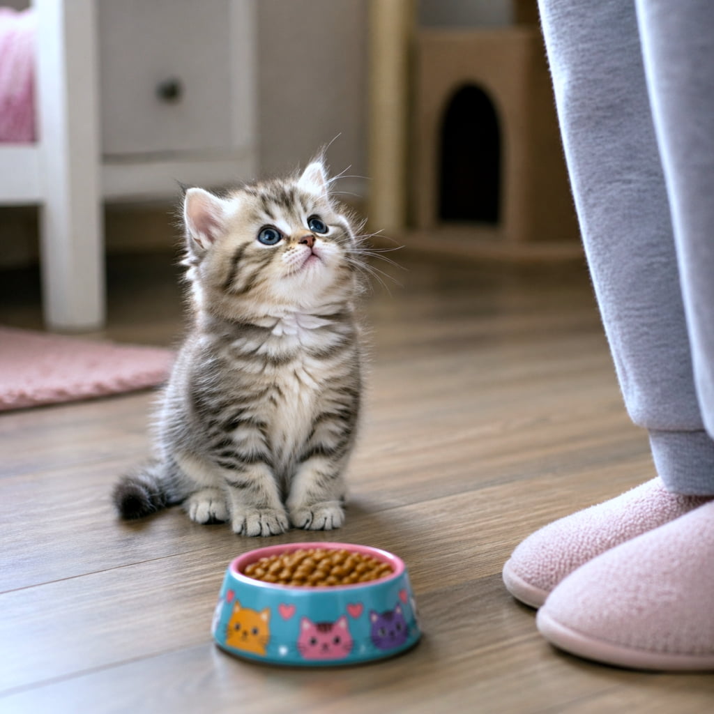 「「ごはん、まだニャ？」🥺 飼い主さんをじーっと見つめる、熱烈なアピールタイムです🍽️💕 #猫のごはん #子猫のいる生活」Ultra-realistic high-quality photograph of a fluffy tabby kitten sitting next to a colorful food bowl, looking up expectantly at its owner wearing pink slippers. フローリングの床で、カリカリが入ったポップな柄のフードボウルの横にお座りし、ピンクのスリッパを履いた飼い主さんを真っ直ぐに見上げるふわふわの子猫