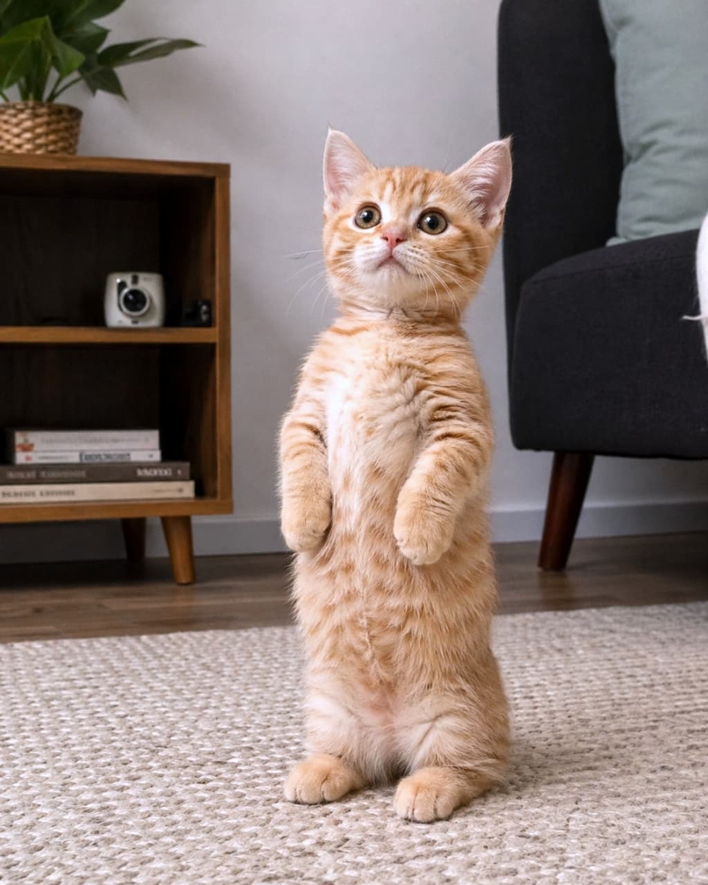「えっ、何あれ！？😳二本足でピシッと立っちゃうミーアキャット風の子猫ちゃんを発見！🐾」Ultra-realistic high-quality photograph of a cute ginger kitten standing upright on its hind legs like a meerkat, looking curiously at something in a cozy living room. 落ち着いた雰囲気のリビングルームで、何かに興味を惹かれて後ろ足でまっすぐ立ち上がり、じっと上を見つめる茶トラ子猫の超高画質リアル写真