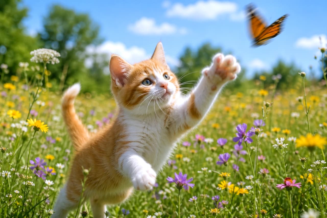 「待って待って〜！🦋春のお花畑で蝶々と遊ぶ無邪気な姿に、心もぽかぽか癒されます🌸✨」Ultra-realistic high-quality photograph of an energetic ginger and white kitten reaching out its paw to catch an orange butterfly in a sunny spring flower field. 色とりどりの花が咲く春の野原で、飛んでいるオレンジ色の蝶に向かって元気いっぱいに前足を伸ばす茶白子猫の超高画質リアル写真