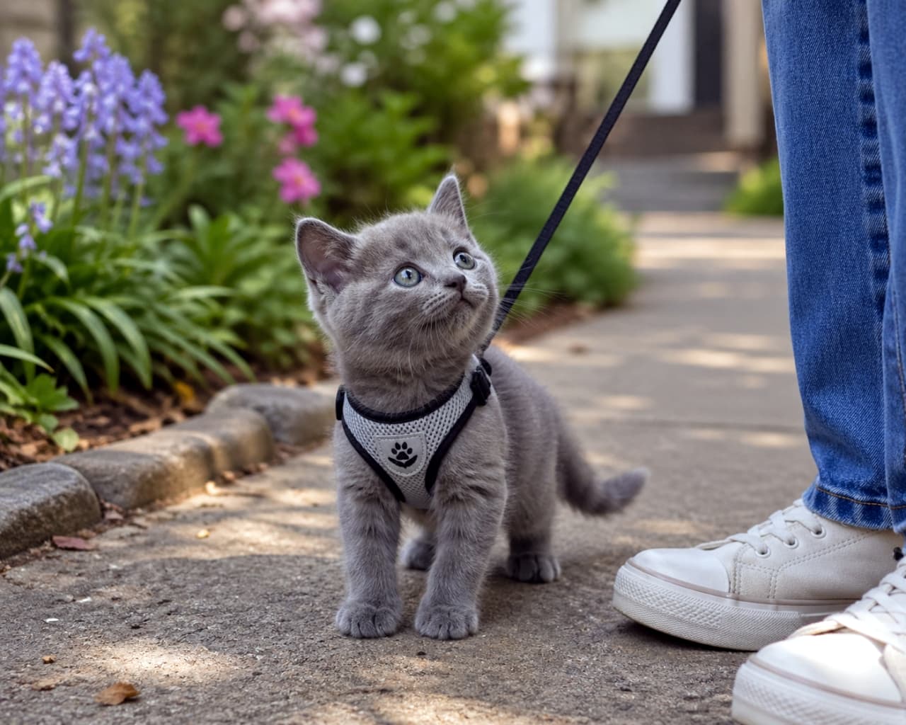 「初めてのお外にドキドキ🌸🐾飼い主さんの足元で、小さな大冒険がスタートです！✨」Ultra-realistic high-quality photograph of a small grey kitten wearing a harness, looking up curiously from beside its owner's feet during a walk outside, with flowers in the background. ハーネスをつけて初めての散歩に出かけ、飼い主の足元から不思議そうに上を見上げているグレーの子猫の超高画質リアル写真。背景には花壇が見える