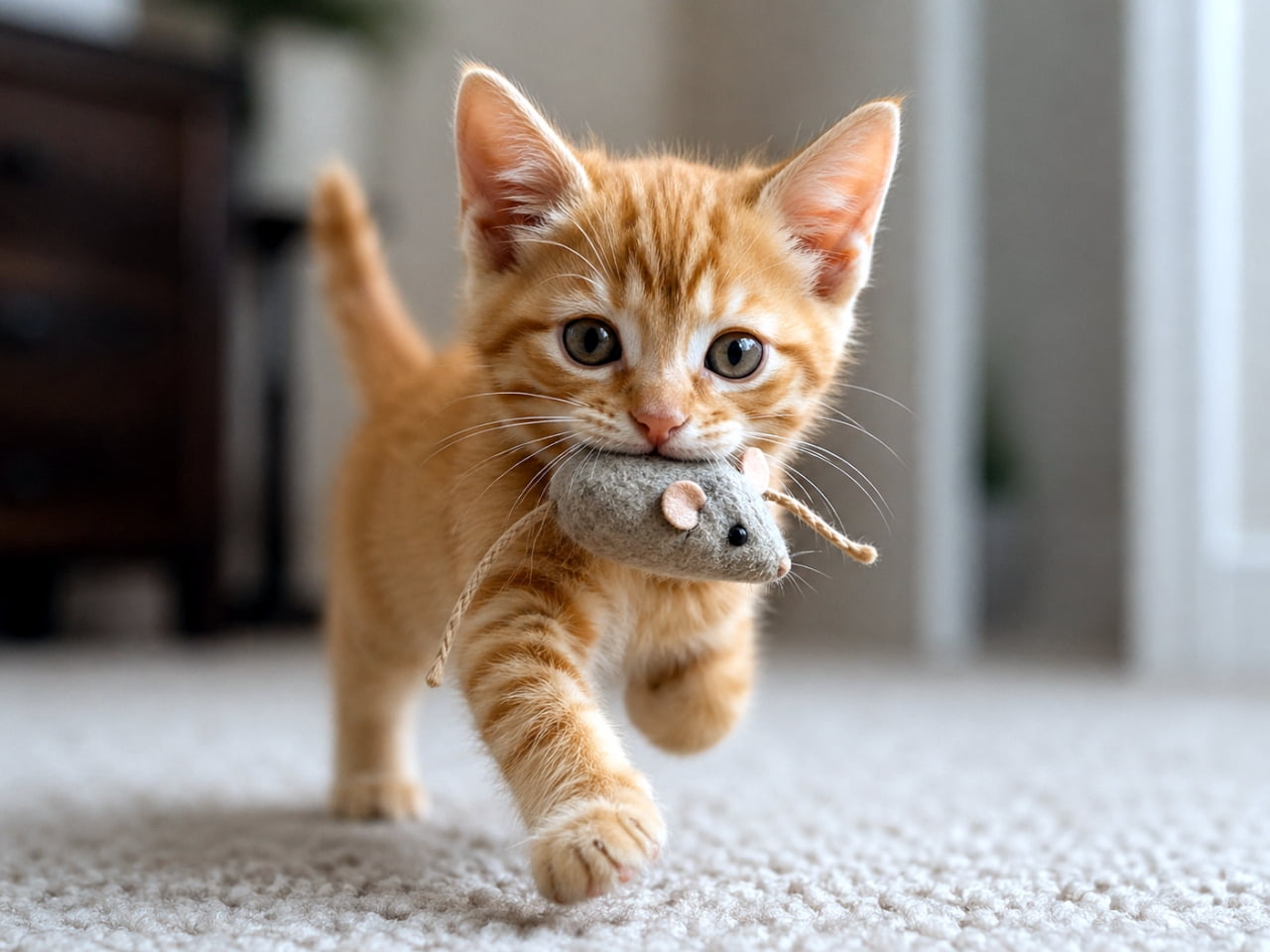 「ドヤ顔でおもちゃをお持ち帰り🐈💨 「捕まえたよ！」と見せにきてくれる姿が愛おしいです💕 #猫のおもちゃ #茶トラ男子」Ultra-realistic high-quality photograph of an orange tabby kitten proudly walking on a carpet towards the camera while carrying a grey toy mouse in its mouth. カーペットの敷かれた部屋で、グレーのネズミのおもちゃを口にくわえて、誇らしげな表情でこちらに向かって歩いてくる茶トラの子猫