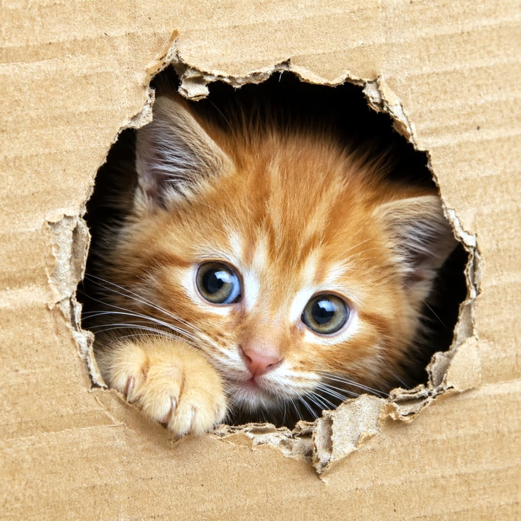 「穴があったら覗きたいニャ🐾 段ボールの隙間から見つめるウルウルの瞳にキュンとしませんか？🥺✨ #茶トラ #猫好き」Ultra-realistic high-quality photograph of a cute orange tabby kitten peeking out through a torn hole in a cardboard box with its paw resting on the edge. 破れた段ボール箱の丸い穴からひょっこりと顔を出し、前足を見せながらこちらを見つめる茶トラの子猫