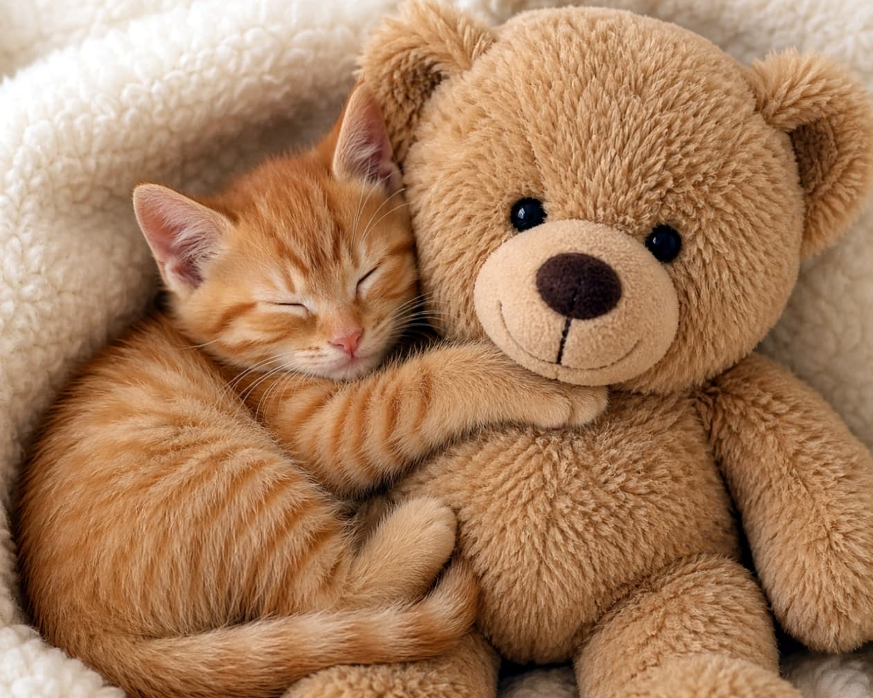 「クマさんと一緒なら、どんな夢も怖くない！🧸💭 大切なお友達と眠る、愛らしいチャトラちゃん。 #チャトラ #子猫 #猫とぬいぐるみ #テディベア #夢の国」Ultra-realistic high-quality photograph of a small orange tabby kitten sleeping soundly nestled against a large, soft, brown plush teddy bear on a fluffy white blanket. The kitten has its face buried in the bear's neck, and the bear appears to be gently hugging the kitten. The kitten has its eyes closed, and the bear has a friendly embroidered face. The scene is incredibly cozy. 柔らかくふわふわした白い毛布の上で、茶トラ（オレンジタビー）の子猫が、大きな茶色のテディベアのぬいぐるみと寄り添って、安心しきって深く眠っている。子猫はテディベアの首元に顔をうずめ、テディベアは子猫を優しく抱いているような構図。子猫は目を閉じ、テディベアは優しい表情