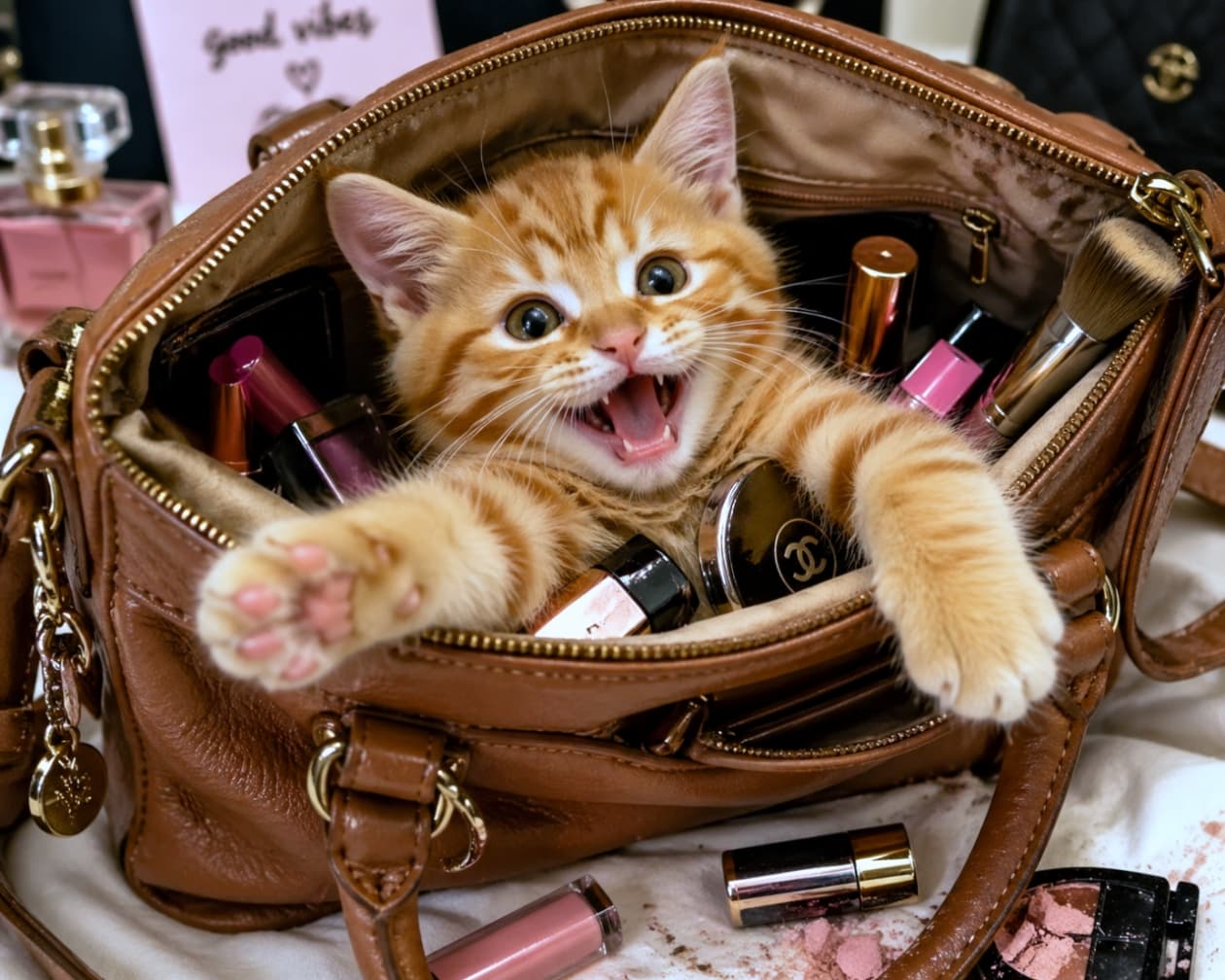 「お出かけの準備はばっちりニャ！😸ママのバッグを占拠しちゃうお茶目な茶トラちゃん👜✨」Ultra-realistic high-quality photograph of a playful ginger kitten sitting inside a brown leather bag among cosmetics, reaching out with its paws and meowing. リップやファンデーションなどの化粧品が入ったブラウンのレザーバッグの中にすっぽり入り込み、両手を広げて元気に鳴いている茶トラ子猫の超高画質リアル写真