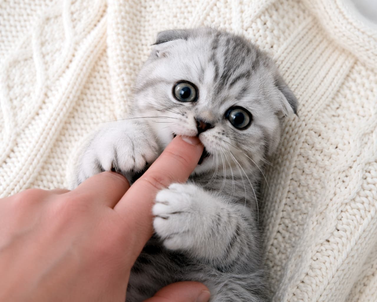 「指で遊ぶの大好き！🐾 カプッてされても許しちゃう可愛さですよね😆💕 #やんちゃ猫 #子猫のいる生活 #甘噛み」Ultra-realistic high-quality photograph of a playful silver tabby kitten lying on its back on a white knit sweater, gently biting a human finger. Impressive large, curious eyes. 白いニットの上に仰向けになり、人間の指を甘噛みして遊んでいるシルバータビーの子猫の超リアルで高品質な写真。好奇心旺盛な丸い瞳が印象的