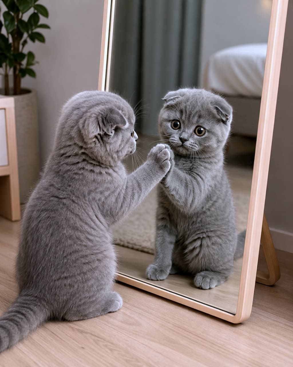 「鏡の中のお友達にご挨拶？🐾 不思議そうにタッチする姿が微笑ましい、好奇心旺盛な子猫ちゃんです🪞✨ #スコティッシュフォールド #猫の不思議」Ultra-realistic high-quality photograph of a grey Scottish Fold kitten sitting in front of a floor mirror, curiously touching its own reflection with its paw in a bedroom setting. 寝室の床に置かれた鏡の前に座り、鏡に映った自分の姿に向かって不思議そうに前足を伸ばしてタッチしているグレーのスコティッシュフォールドの子猫