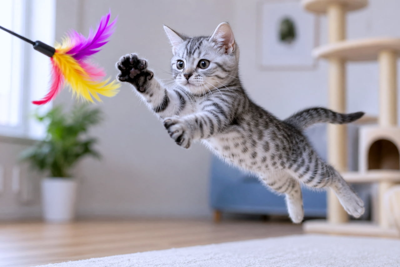 「狙いを定めて…ジャーーンプ！💨 真剣すぎるこのお顔にキュン💘 #サバトラ #子猫 #猫のいる暮らし #ハンター」Ultra-realistic high-quality photograph of a silver tabby kitten suspended in mid-air during a dynamic lunge towards a colorful feather toy on a stick, extended from the upper left. The kitten has a serious, determined expression, with all paws stretched out. The background is a bright, airy living room with a window, a potted plant, and a cat tree in the distance. A white rug is on the wooden floor. 明るいリビングルームで、サバトラ（シルバータビー）の子猫が、画面左上から伸びるカラフルな羽のついた猫じゃらしに向かって、空中に浮いているように横方向に飛びついている。子猫は真剣な表情で、前脚を広げて獲物を狙っている。背景には窓、観葉植物、そして少し離れたところに猫タワーが見える。床には白いラグが敷かれている