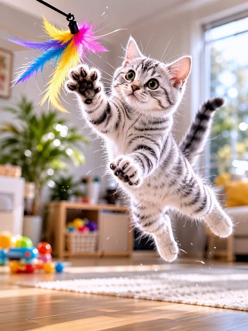 「飛ぶサバトラ！🐾 カラフルな羽根に大興奮✨ 元気いっぱいジャンプ！！ #子猫 #サバトラ #猫動画 #躍動感」Ultra-realistic high-quality photograph of a silver tabby kitten leaping in mid-air in a sunlit living room, reaching with all paws for a colorful feather toy. The kitten is looking up with wide, focused eyes. The background is a gently blurred interior with natural light, featuring a window, houseplants, and floor toys. Tiny water droplets (or perhaps just motion effect particles) are visible in the foreground near the wood floor. 明るい部屋の中で、サバトラ（シルバータビー）の子猫が、宙を舞うカラフルな羽のついた猫じゃらしに向かって、四肢を広げて元気にジャンプしている。子猫は上を見上げ、大きな瞳が猫じゃらしを捉えている。背景はボケた明るいリビングで、窓や観葉植物、床に置かれたおもちゃが見える