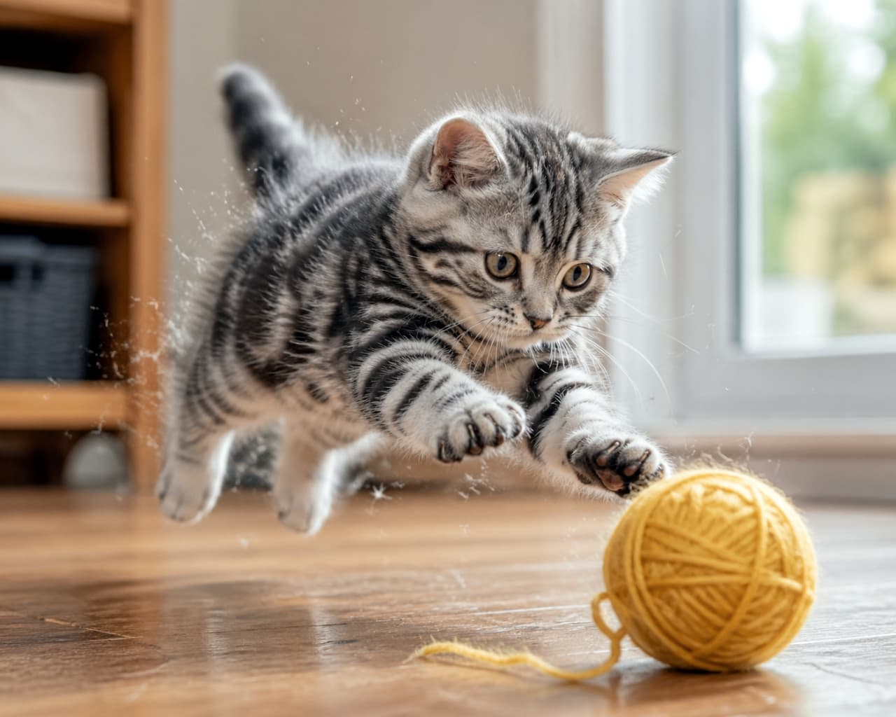 「そぉーれっ！🧶💨 躍動感たっぷりなジャンプでおもちゃに一直線！元気をもらえる一枚です✨ #子猫 #猫のいる暮らし」Ultra-realistic high-quality photograph of a silver tabby kitten jumping towards a yellow yarn ball on a wooden floor, capturing a dynamic action shot. フローリングの床で黄色い毛糸玉に向かって大きくジャンプして飛びかかる、シルバータビーの子猫。躍動感のある瞬間を捉えた高画質写真