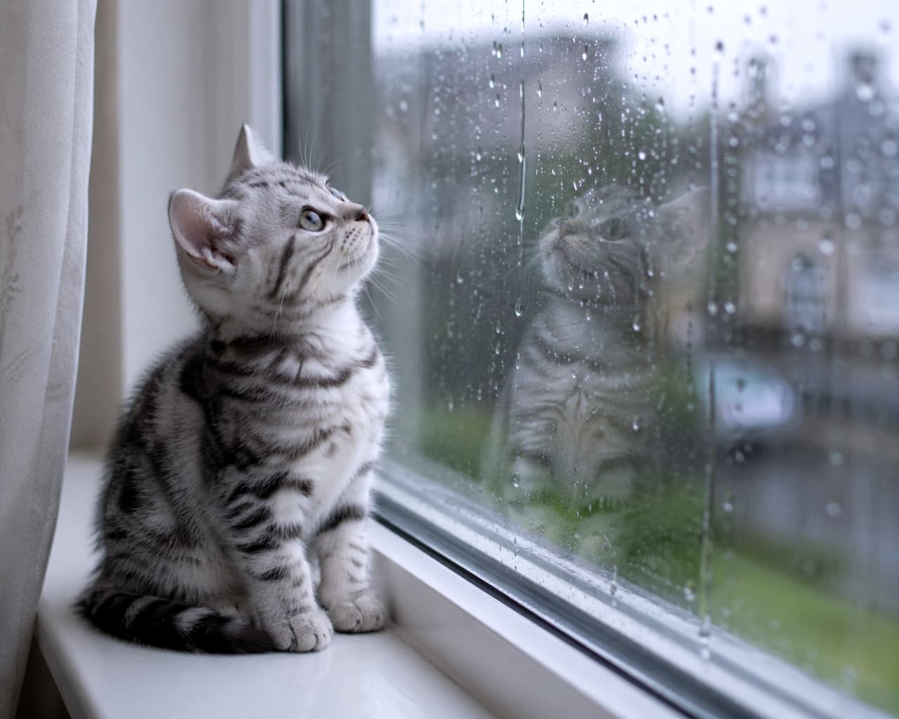 「雨の日のお家時間は、窓辺でのんびりお外の観察☔️🐈 濡れたガラスと子猫の横顔がエモい一枚です✨ #雨の日の過ごし方 #癒し猫」Ultra-realistic high-quality photograph of a silver tabby kitten sitting on a windowsill, looking out through a rain-streaked window with its reflection visible on the glass. 雨滴のついた窓ガラスの内側に座り、外の景色を見上げているシルバータビーの子猫。ガラスには子猫の姿が薄く反射している