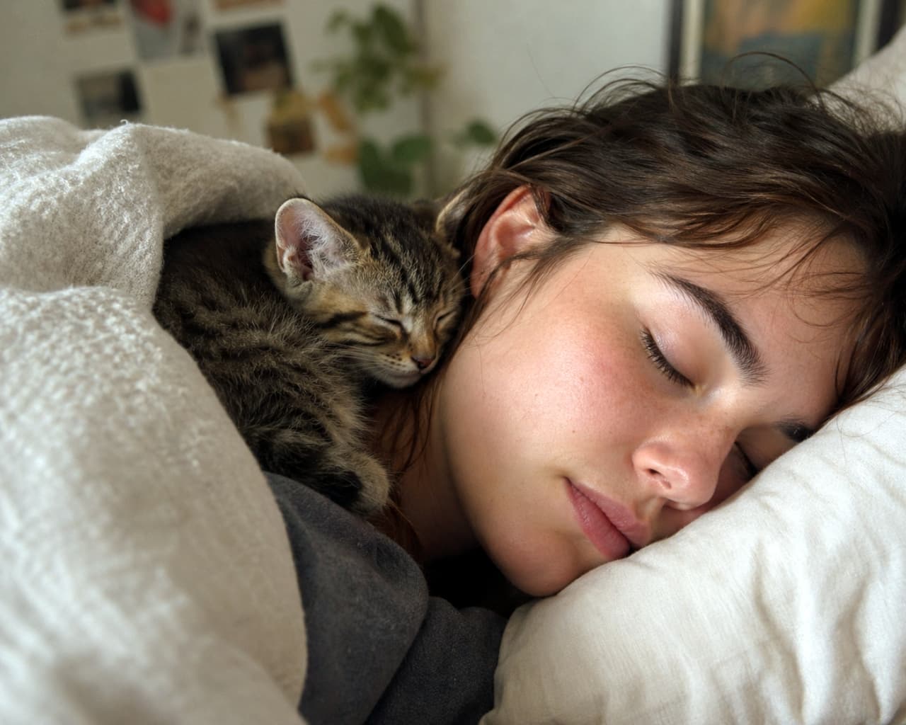 「飼い主さんのぬくもりが一番のベッド🛌💤一緒にお昼寝、幸せすぎる時間ですね🐈💖」Ultra-realistic high-quality photograph of a sleeping woman and a small tabby kitten cuddling tightly next to her face on a bed. Warm indoor lighting creates a relaxing atmosphere. ベッドで目を閉じて眠る女性の顔の横に、ぴったりと寄り添って眠るキジトラの子猫の超高画質写真。室内の温かみのあるオレンジ色の照明がリラックスした雰囲気を演出