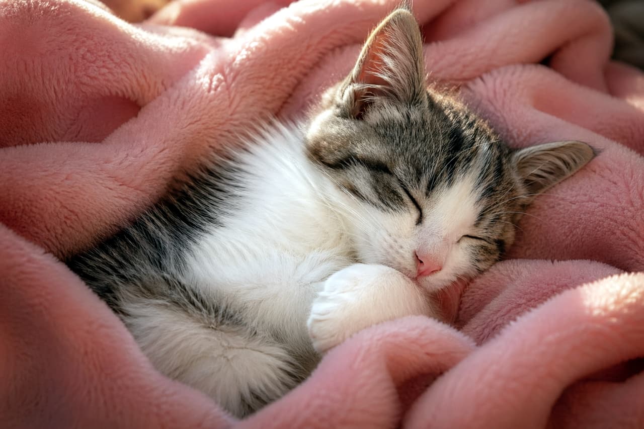 「ふかふかピンクの毛布に包まれた天使を発見👼💖見ているだけで心がポカポカしてきますね🌸」Ultra-realistic high-quality photograph of a sleeping tabby and white kitten wrapped cozily in a soft pink fluffy blanket. Gentle natural light highlights the fluffy texture of the fur and blanket. 柔らかなピンク色のフリースブランケットにすっぽりと包まれ、気持ちよさそうに眠るキジ白子猫の超高画質写真。自然光が優しく当たり、被毛とブランケットのフワフワ感が際立っている