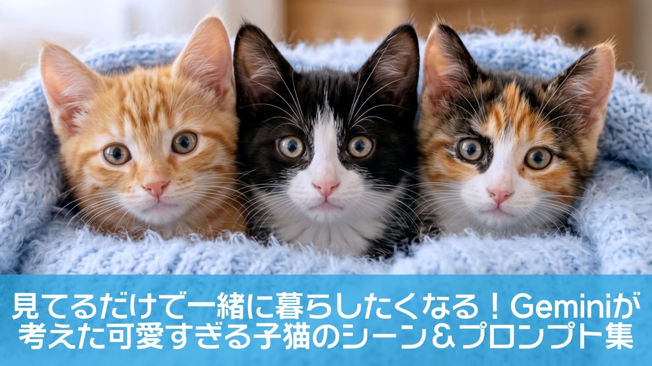 「パステルブルーの毛布からひょっこり顔を出した、とびきりキュートな3匹の子猫ちゃんたち🐾💕 どの子と目が合ってもキュンとしちゃいます🥺 ブログのヘッダーやSNSのカバー画像にぴったりな、癒やしのバナーです✨ #子猫 #毛布 #癒し #雑種猫 #猫団子」A heartwarming high-quality widescreen banner photograph of three incredibly cute mixed-breed kittens (from left to right: a ginger tabby, a tuxedo, and a calico) peeking out from a fluffy pastel blue blanket. They are looking directly at the camera with large, sparkling eyes. The kittens are bathed in bright, soft studio lighting. The background is a gently blurred, cozy indoor room. Ultra-realistic, highly detailed. フワフワしたパステルブルーの毛布から、3匹の非常に可愛い雑種の子猫（左から茶トラ、タキシード、三毛）が顔を出して、カメラをじっと見つめている横長のバナー写真。子猫たちは大きく輝く瞳をしており、柔らかいスタジオ照明に包まれている。背景は居心地の良い室内でボケている。超リアルな高画質画像