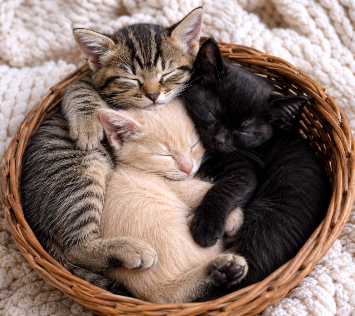 「3匹揃って夢の中…カゴの中で団子になって眠る姿に、心から癒やされる🐈🐾 #子猫 #猫団子 #カゴ入り猫 #多頭飼い #癒やし」Ultra-realistic high-quality photograph taken from above, showing three small, differently colored kittens (brown tabby, black, and pale orange) huddled together tightly in a round wicker basket lined with a soft white knitted blanket. All three are fast asleep, eyes closed, formed into a cozy "purr pile." The scene radiates warmth and contentment. 柔らかく編まれたラタン製のカゴの中で、3匹の異なる毛色の子猫（茶トラ、黒、ベージュ）が団子のように寄り添い、安心しきって深く眠っている。3匹とも目を閉じ、お互いの体温を感じながら丸まっている。カゴは暖かく、柔らかい白い毛布で満たされている。真上からの構図で、3匹の寝顔が愛らしい