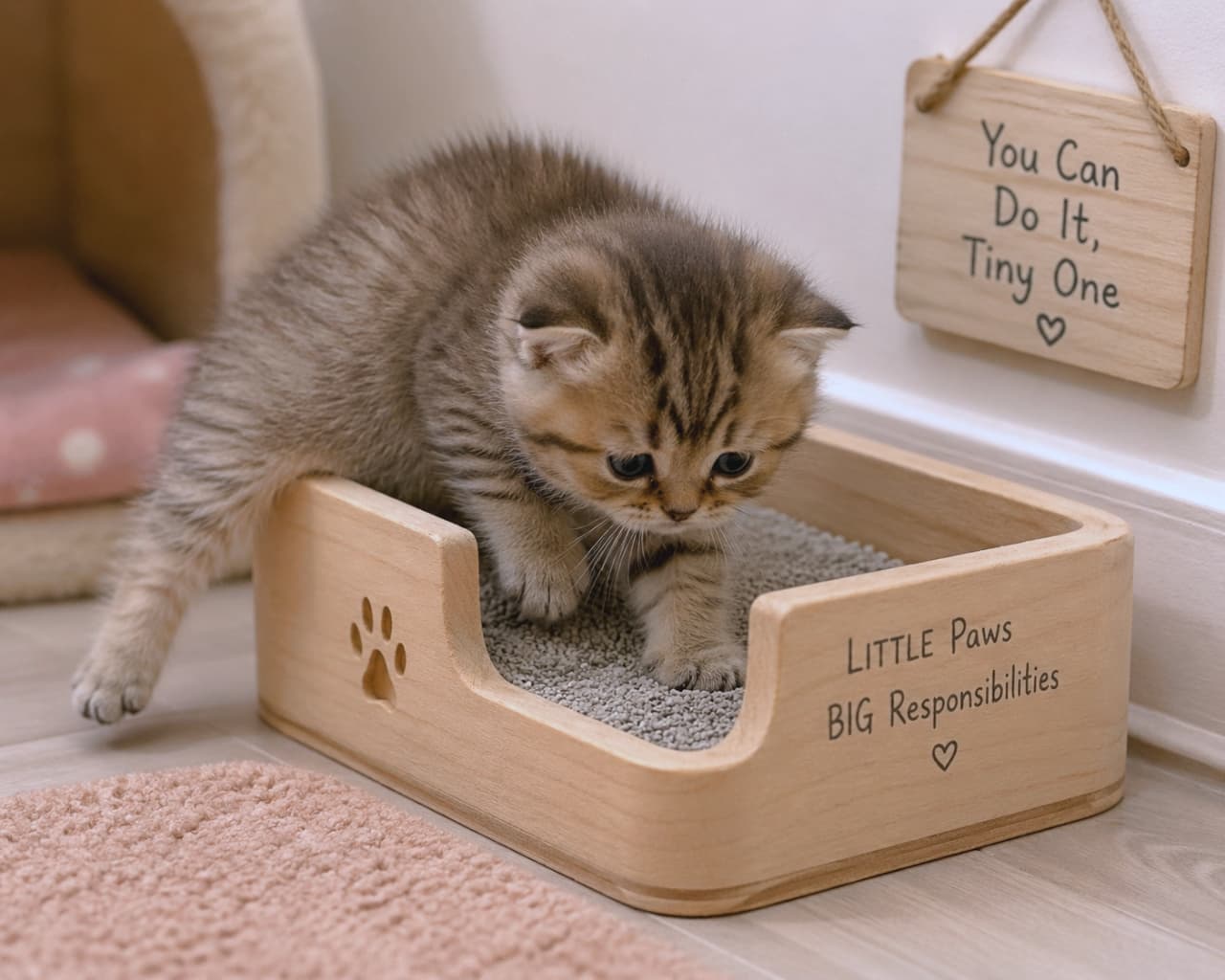 「初めてのトイレに挑戦にゃ！🐾小さな一歩を全力で応援したくなっちゃう可愛さです🥺💕」Ultra-realistic high-quality photograph of a tiny tabby kitten bravely stepping into a small wooden litter box engraved with English messages. A wooden sign saying "You Can Do It, Tiny One" hangs on the wall. 英語のメッセージが刻まれた小さな木製の猫トイレに、一生懸命足を踏み入れようとしているキジトラ子猫の超高画質写真。壁には「You Can Do It, Tiny One」と書かれた木のボードが掛かっている