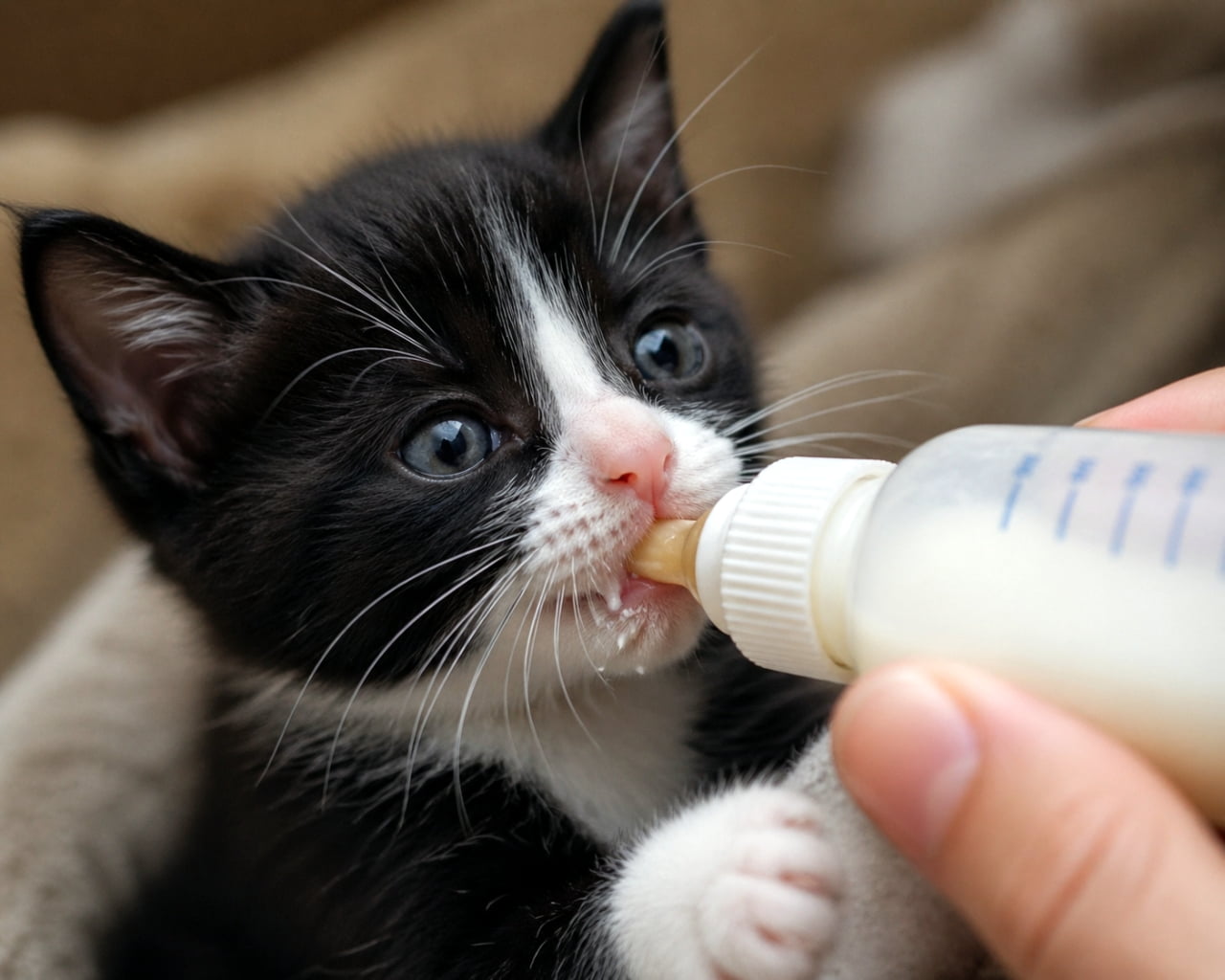 「ミルクを一生懸命飲む姿に胸キュン🍼✨ 口の周りのおひげミルクがたまらなく可愛いですよね😻 #保護猫 #ミルクボランティア」Ultra-realistic high-quality photograph of a tuxedo kitten being bottle-fed by a human hand, with milk droplets around its mouth, captured in a heartwarming close-up. 人間の手で支えられた哺乳瓶から、一生懸命にミルクを飲むハチワレの赤ちゃん猫のクローズアップ。口の周りにミルクがついている