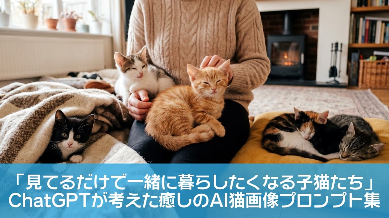 「膝の上でゴロゴロ、毛布からひょっこり、クッションですやすや…💤 どこを見ても可愛い子猫だらけの幸せすぎる空間です🥺💕 寒い日は、こんな風に猫ちゃんたちと一緒にぬくぬく過ごしたいですね☕️🐾 #猫のいる暮らし #子猫 #多頭飼い #癒し #幸せな休日」Ultra-realistic high-quality photograph of a cozy scene with multiple kittens in a warm living room with a fireplace. A person in a beige sweater sits on the floor with an orange tabby and a white-and-tabby kitten resting on their lap. To the left, a black-and-white kitten peeks out from under a plaid blanket. To the right, kittens sleep huddled together on a yellow cushion. Soft natural light and warm tones create an intimate atmosphere. 暖炉のある暖かいリビングルームで、セーターを着た人物が床に座り、膝の上に乗った茶トラと白キジの子猫を優しく撫でている。左側にはチェック柄の毛布から顔を出すハチワレの子猫、右側には黄色いクッションの上で身を寄せ合って眠る複数の子猫たちがいる。柔らかな自然光と温かみのある色調が特徴の、居心地の良い高画質写真